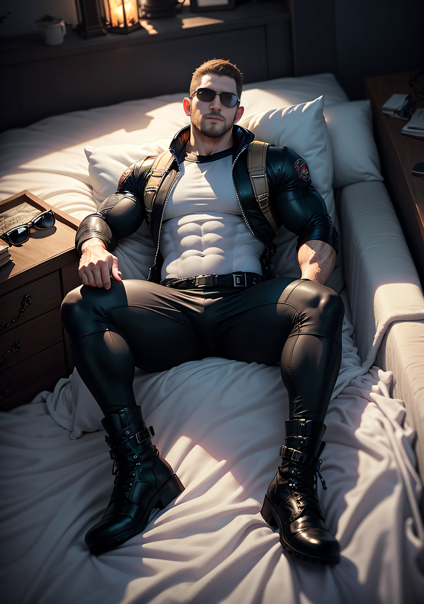 Character design (Resident Evil - Chris Redfield), wearing a milky white dress, lying on a sofa stained with milky white Slime, muscle hero, Buzz Cut, tall, burly, muscular! Wearing black sunglasses, tall burly, thickened thermal fleece spandex white tights, symmetrical floral texture design tights, super buff and cool, high resolution committee, black military boots, attractive strong male, warm flame burning in the bedroom fireplace