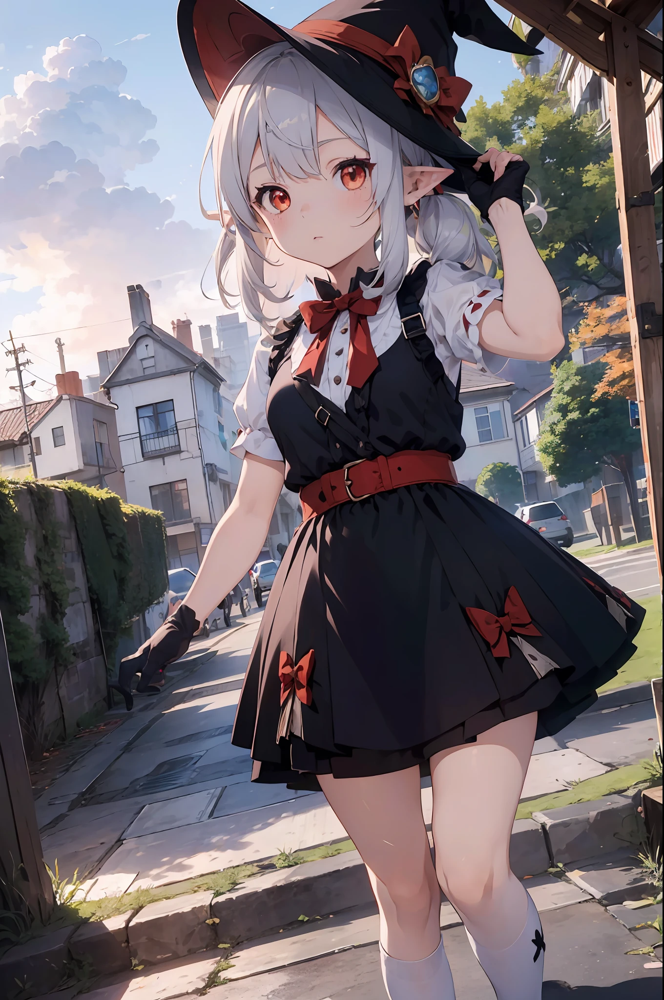 ((1 girl, Klee Genshin Impact, Genshin, silver hair, loli, flat, elf ear, red eyes, orange eyes, bloom, ray tracing, god rays, sparkle, cinematic lighting, pov, masterpiece, super detail, high details, high quality, anime, anime style)) fantasy, from above, witch, moon, night, shy, nervous, walking at street, academy, holding book, black dress, red skirt,