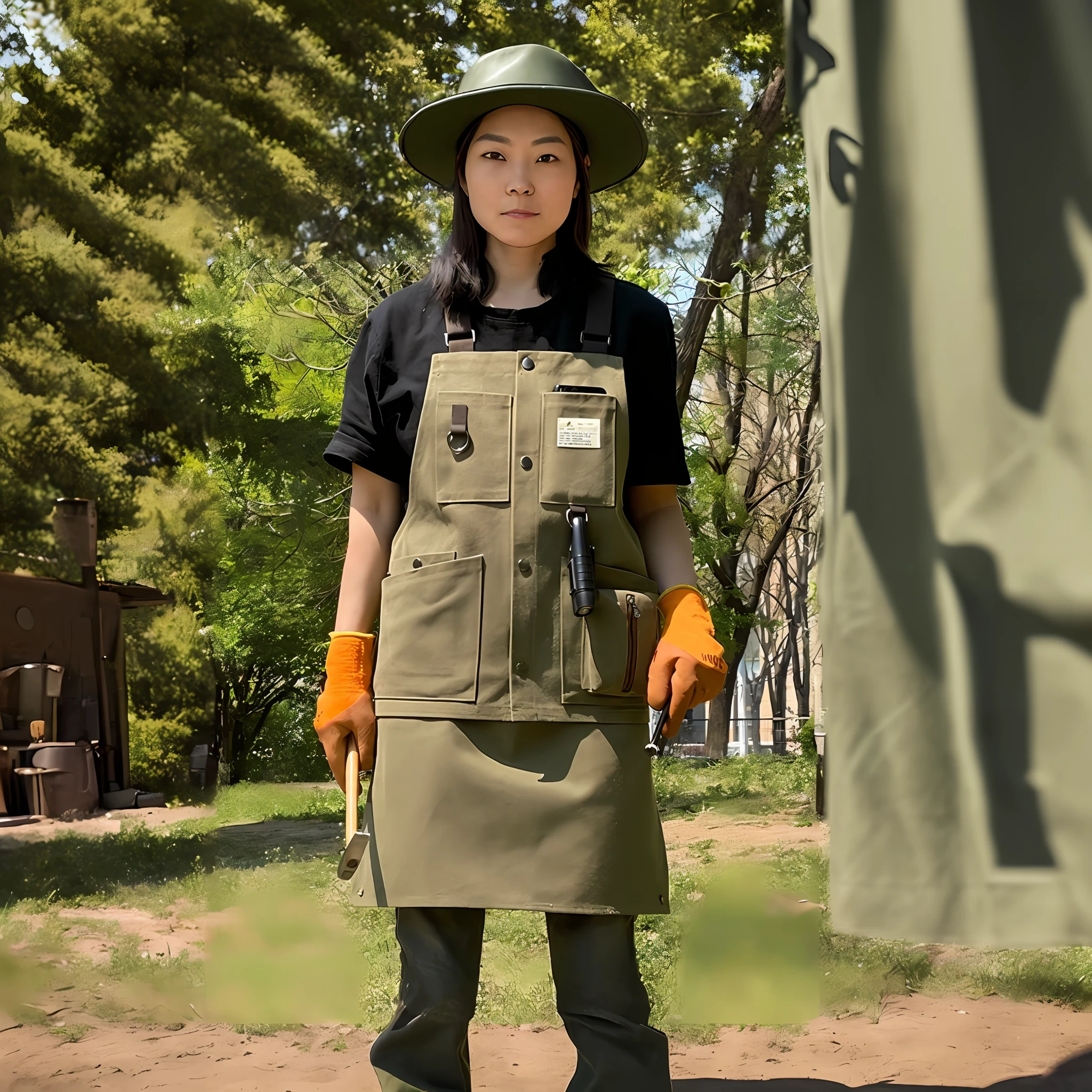 there is a woman wearing a apron and a hat with a gun in her hand, blacksmith apron, with two front pockets, ( ( dark green, apron, leather apron, hanbok apron, ww2 era, olive, cute huge pockets hardware, work clothes, 2 1 0 mm, wearing an apron, 2 0 2 0 fashion, utilitarian, working clothes