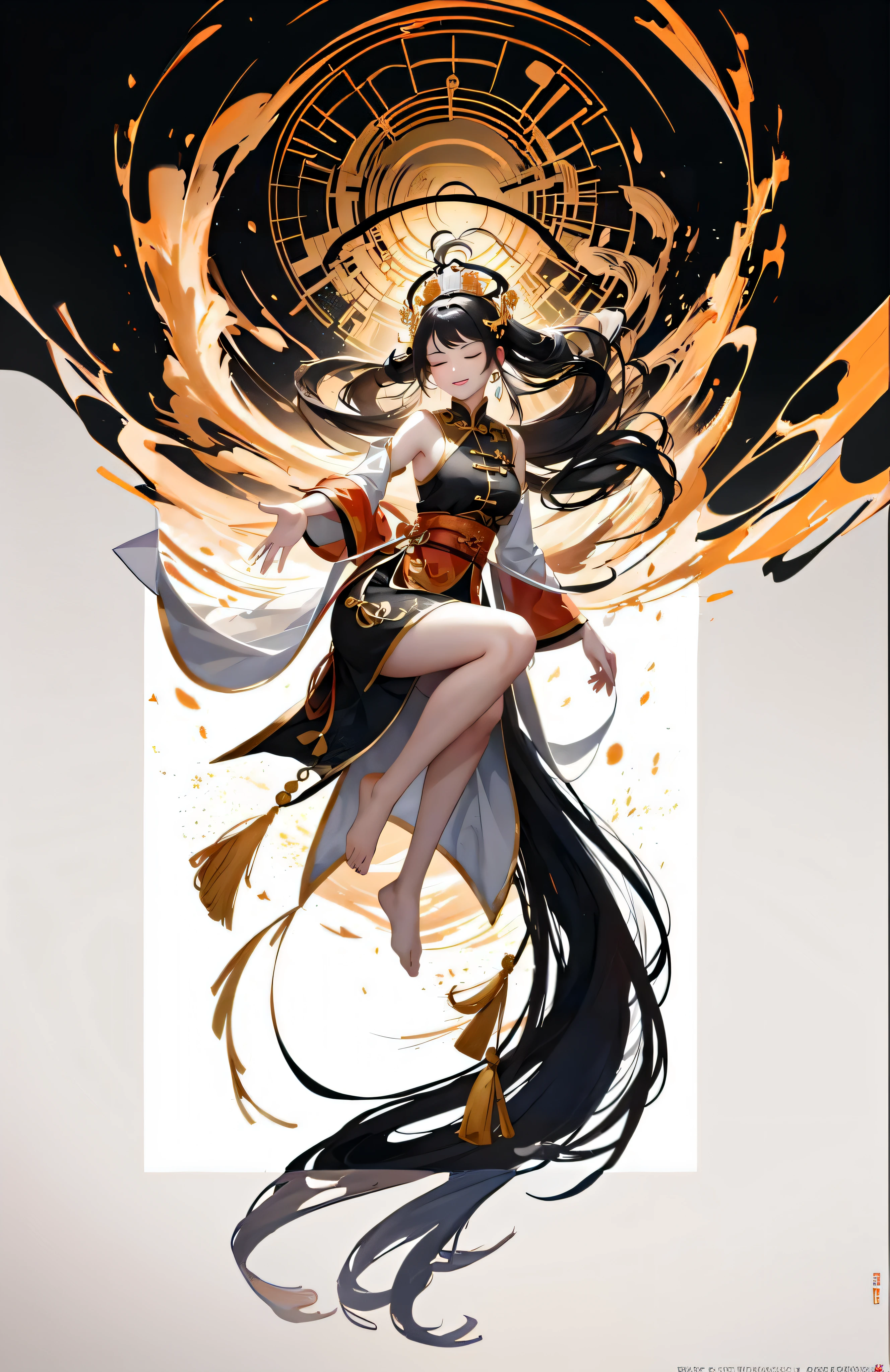 a woman in a black and white dress with long hair and a large circular object, by Yang J, keqing from genshin impact, full body xianxia, zhongli from genshin impact, onmyoji detailed art, beautiful character painting, onmyoji, inspired by Pu Hua, extremely detailed artgerm, ayaka genshin impact, anime goddess