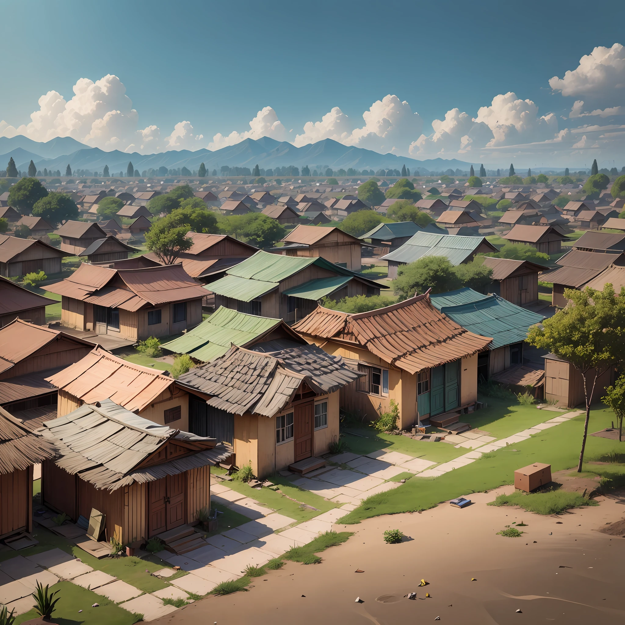 Bungalows made of cardboard boxes, small one-story bungalows, villages, countryside, dilapidated, dirty, pieces of paper flying, cardboard boxes on the ground --auto --s2