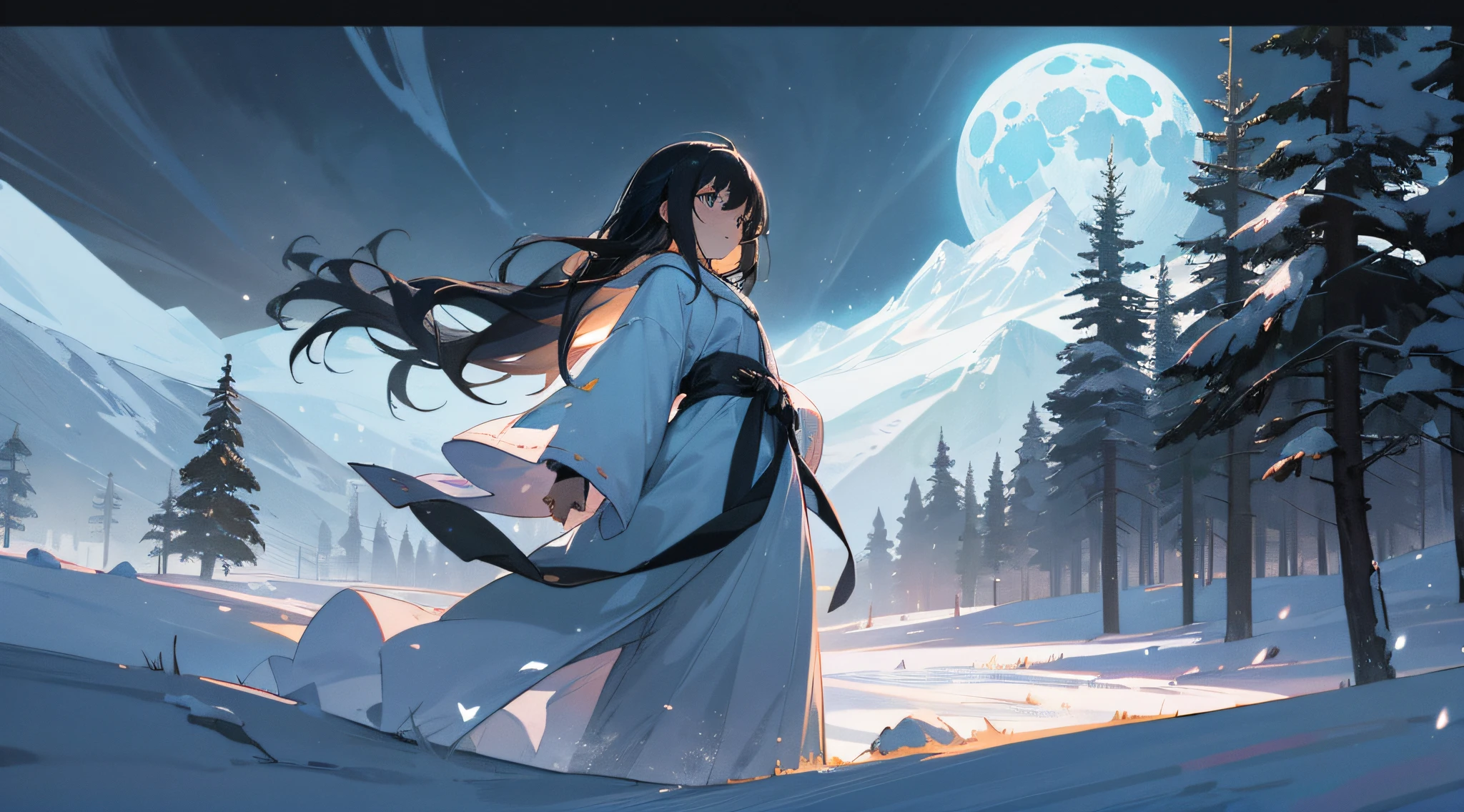 The (loli:1.2)'s jet-(black hair) cascades down her back in contrast to the pure white surroundings. Her (robe), made of (diaphanous gauze), billows gracefully with every gust of (wind), creating an enchanting dance of fabric and air.
The scene is set in a (winter wonderland), where the (blizzard) paints the world in shades of silver and blue. (Snowflakes) fall like tiny crystals from the darkened sky, adding a touch of magic to the atmosphere. The chilling temperatures are palpable, but the loli appears unaffected as she bravely ventures into the wintry landscape.
The mood of the scene is one of (solitude and determination). Despite the harsh conditions, the loli's expression remains (serene), radiating a quiet resolve and undeniable innocence. It seems as though she possesses an inner strength that allows her to embrace the challenges of the icy wilderness with unwavering courage.
The atmosphere is both serene and fierce. The sound of the wind howling through the frozen trees creates an eerie symphony, while the muffled silence of fallen snow muffles other earthly sounds. The blizzard blankets the surroundings, offering a sense of (isolation and tranquility), as if the loli is the lone inhabitant of this frozen realm.
The lighting effect is dominated by the (cool, pale light of the moon). Its soft glow filters through the stormy clouds, casting an ethereal illumination over the landscape. The moonlight reflects off the pristine snow, creating a (sparkling), almost magical, ambiance. (Shadows) dance and flicker across the loli's face and robe, enhancing the mystery and allure of her presence.
As you witness this enchanting scene, your heart is filled with a mix of admiration and curiosity. The loli's journey through the blizzard symbolizes resilience and bravery in the face of adversity. Her vulnerability, combined with her determination, evokes a sense of empathy and wonder. You can't help but wonder what secrets lie within this snowy realm and