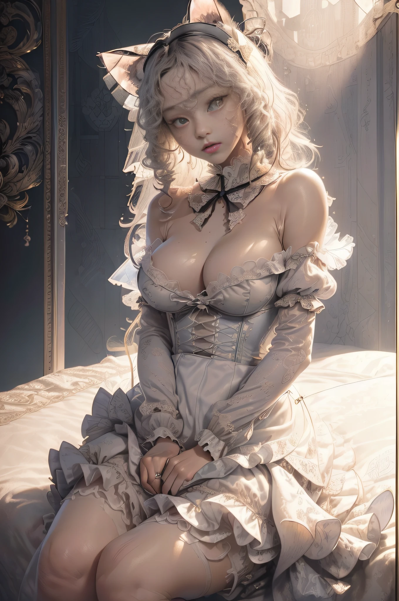 [Detailed illustrations, art based on extremely ideal anatomy, very detailed and detailed drawings, slow and delicate lines, realistic texture expression],(((Color tressed lines)),(Artwork with outstanding craftsmanship),(((Strange bedroom background)),Girl Japanese Beauty  (Luxury girl) [Cat ears (plump) (large, drooping breasts, (wide areolas))], Babydoll Whiorset (Ribbon Ruffled Lace Fabric (Lolita Fashion)),(Realistic and Lustrous Skin Expression ((High Humidity))(Soft Body))),Transparency Soft Ambient Light,Gravure (((Seated Weakness)))),((Fine and Beautiful Skin Expression (Transparency))),(Perfect and Beautiful Face,Realistic Face Details),(Perfect Eyes (Realistic Eye Details (Beautiful iris drawn in detail(sharp pupils))),(Perfectly proportioned proportions)),(Design built to a high level,((Advanced structural understanding)),Ideal color coordination),(((Complex decoration (Ultra-dense detail))),(Detail,High definition),[Ultra-precision detail,HighQuality,High resolution,(Multilayer texture))],(( Accurate simulation of the interaction between light and material, understanding of air flow, mechanically correct expression))), ((visual art with a sense of narrative)).