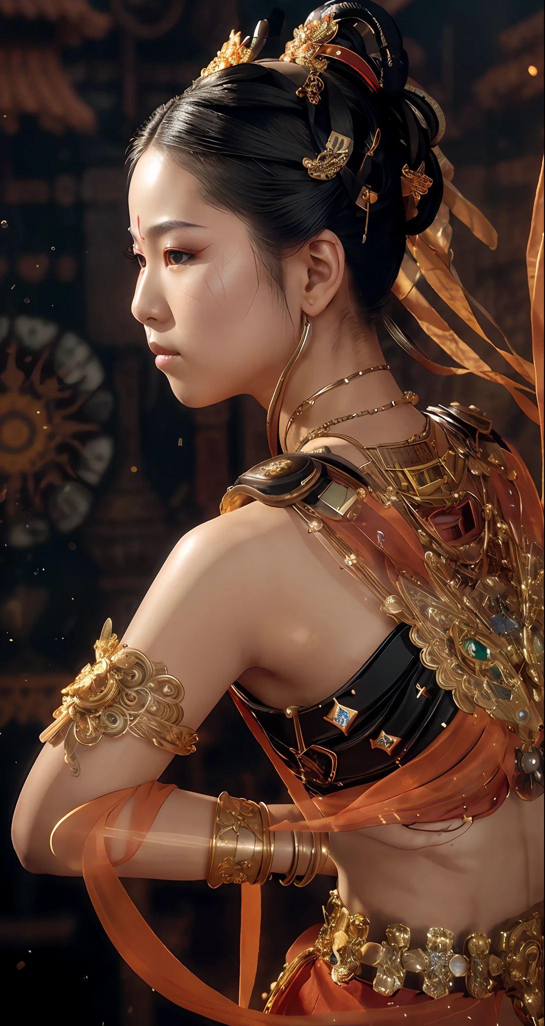 Realistic, 35mm, Intricate detail, hdr, Intricate detail, Ultra detailed, Natural skin texture, Surreal, Sharp, 1 girl, Chinese, Blush, Black eyes, Black smooth hair, Portrait, Solo, half shot, top view, detailed background, detailed face, (1nf3rnalAI, hell theme: 1.1), strong expression, dynamic pose, glass robot, (made of glass: 1.1), translucent, glass structure, warrior, glass Armor, dirty glass, machinery, power, magic symbols, mysterious power, floating particles, reflections, wind, background storm, movie atmosphere,