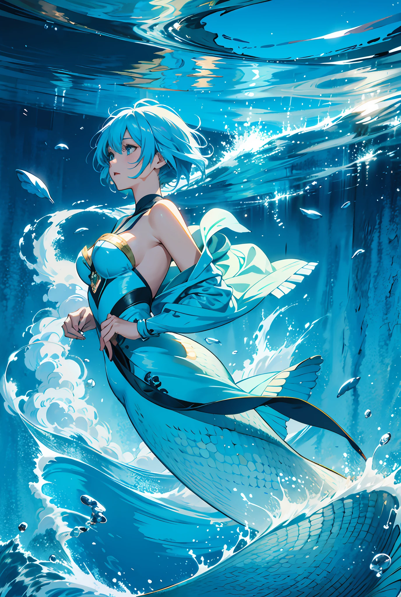 mermaid is sinking under water, short hair, deep deep ocean bottom, wallpaper anime blue water, by Yuumei, beautiful anime artwork, beautiful artwork illustration, water elements, beautiful anime art, anime mermaid drowning under water, pixiv digital art, high resolution anime art, beautiful illustration, inspired by yuumei, anime illustration, anime wallpaper, Digital anime art, seashell swimsuit, mermaid bikini, seashell bikini, one hand raised up