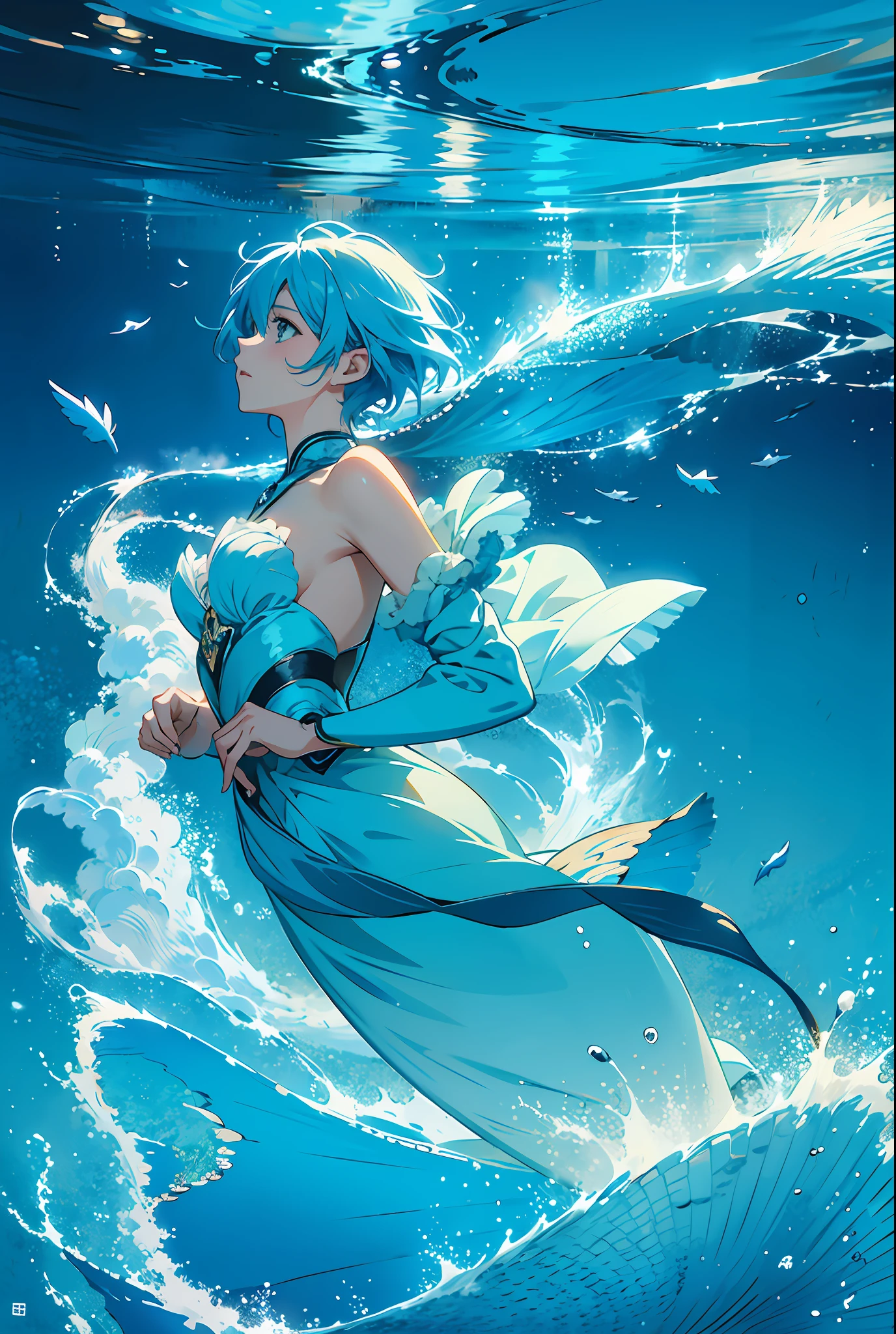mermaid is sinking under water, short hair wallpaper anime blue water, by Yuumei, beautiful anime artwork, beautiful artwork illustration, water elements, beautiful anime art, anime mermaid drowning under water, pixiv digital art, high resolution anime art, beautiful illustration, inspired by yuumei, anime illustration, anime wallpaper, digital anime art
