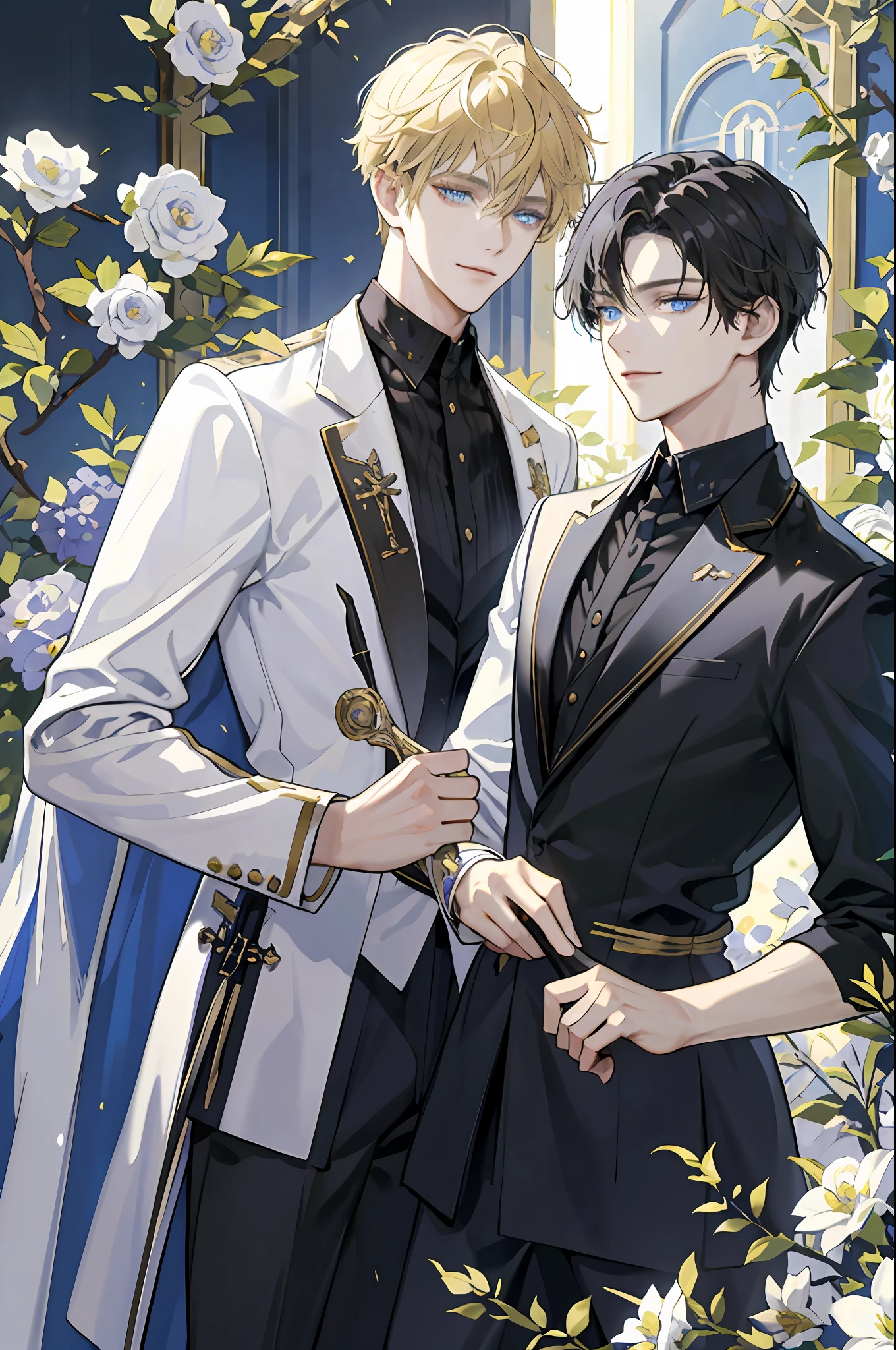 ((Masterpiece: 1.2, best quality)), 2 men, short blond hair, blue eyes (handsome: 1.4), white suit, fantasy, uniform, royalty, short black hair, golden eyes, scar on right eye, black armor, knight, forest, blooming flowers, sunlight, fantastic light and shadow, landscape, highly detailed face, portrait, smile