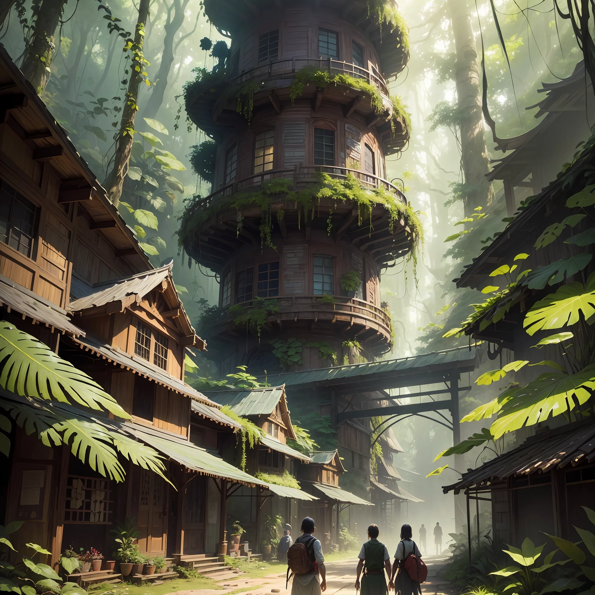 Digital illustration, detailed and intricate, of a dense jungle filled with exotic plants and animals, the sunlight filtering through the canopy creating a dappled effect. In the style of Yoshitaka Amano and Hayao Miyazaki, masterpiece, proportional, detailed, trending on artstation, beautiful lighting, realistic, intricate, award winning, 4k, highest quality Award-winning, 4K digital painting in the style of Yoshitaka Amano. Detailed and intricate depiction of a zombie apocalypse, masterfully capturing the chaos and drama of the scene. Beautiful lighting and cinematic composition make this piece a true masterpiece, trending on artstation --auto --s2