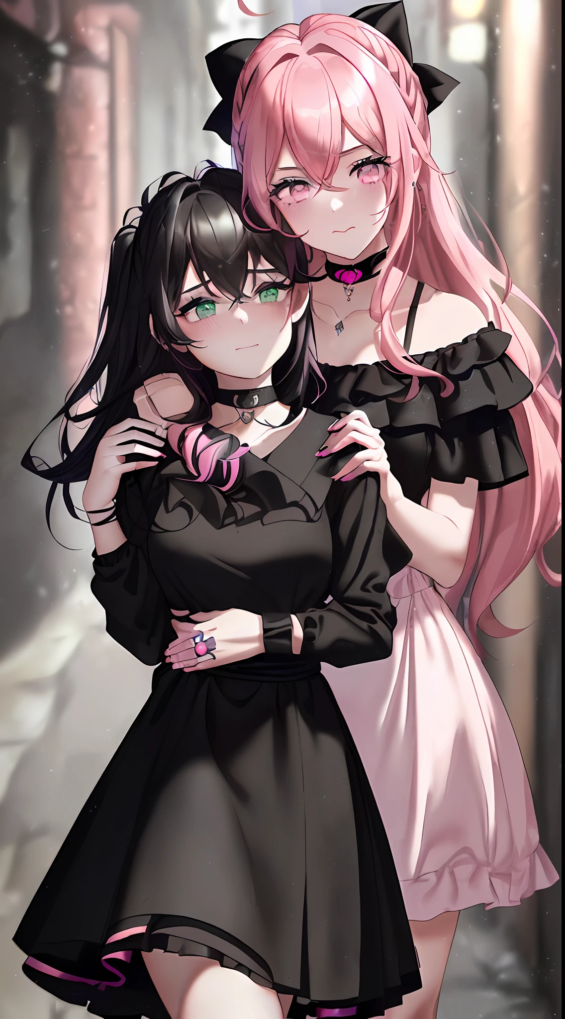 "((({{masterpiece}}))), {{best quality}}, {{high definition}}, ((2 girls)),,((head resting on arm), ((black hair holding pink hair arm), {{blush scared}, {{pink hair hugging the waist of black hair}},{{gentle comfort}}, {{hand touching the head of black hair}, {{goth}}, ((dark alley)), {{8k}}, {{detail}}, {{magic}}}, hair black, hair pink ann, Mood dresses, dark alleys