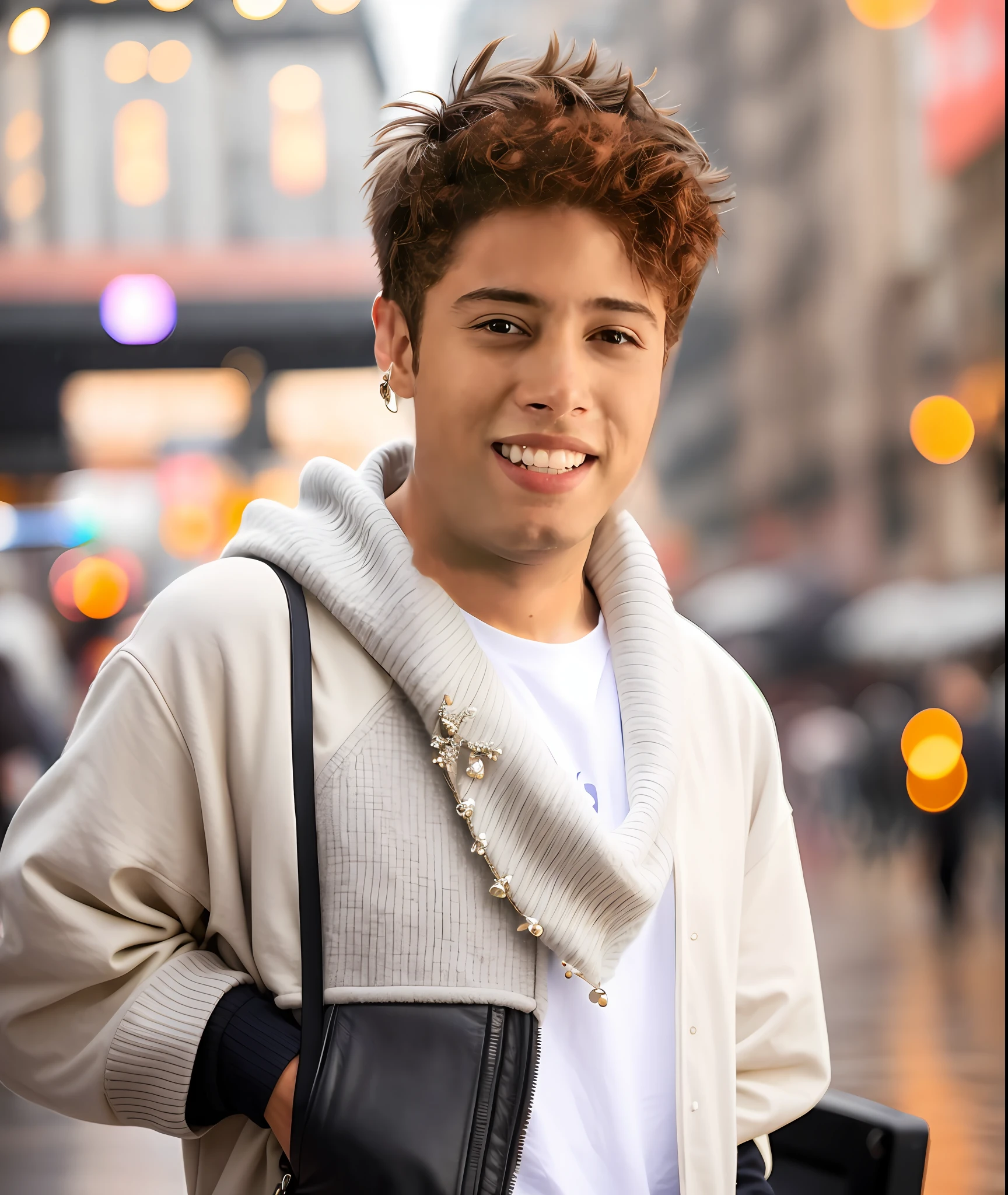 best quality, ultra photorealistic, photorealism, 8k, photograph, photo of a young man, jacket, ear studs, gray scarf, sweater, short windswept light brown hair, fit, beautiful, (effeminate), (shaved), eyeliner, standing on the walkway, background is a crowded street, bokeh, rain, humid, overcast, artificial lights, detailed face and eyes, higly detailed skin, 8k uhd, sharp focus, professional, best quality