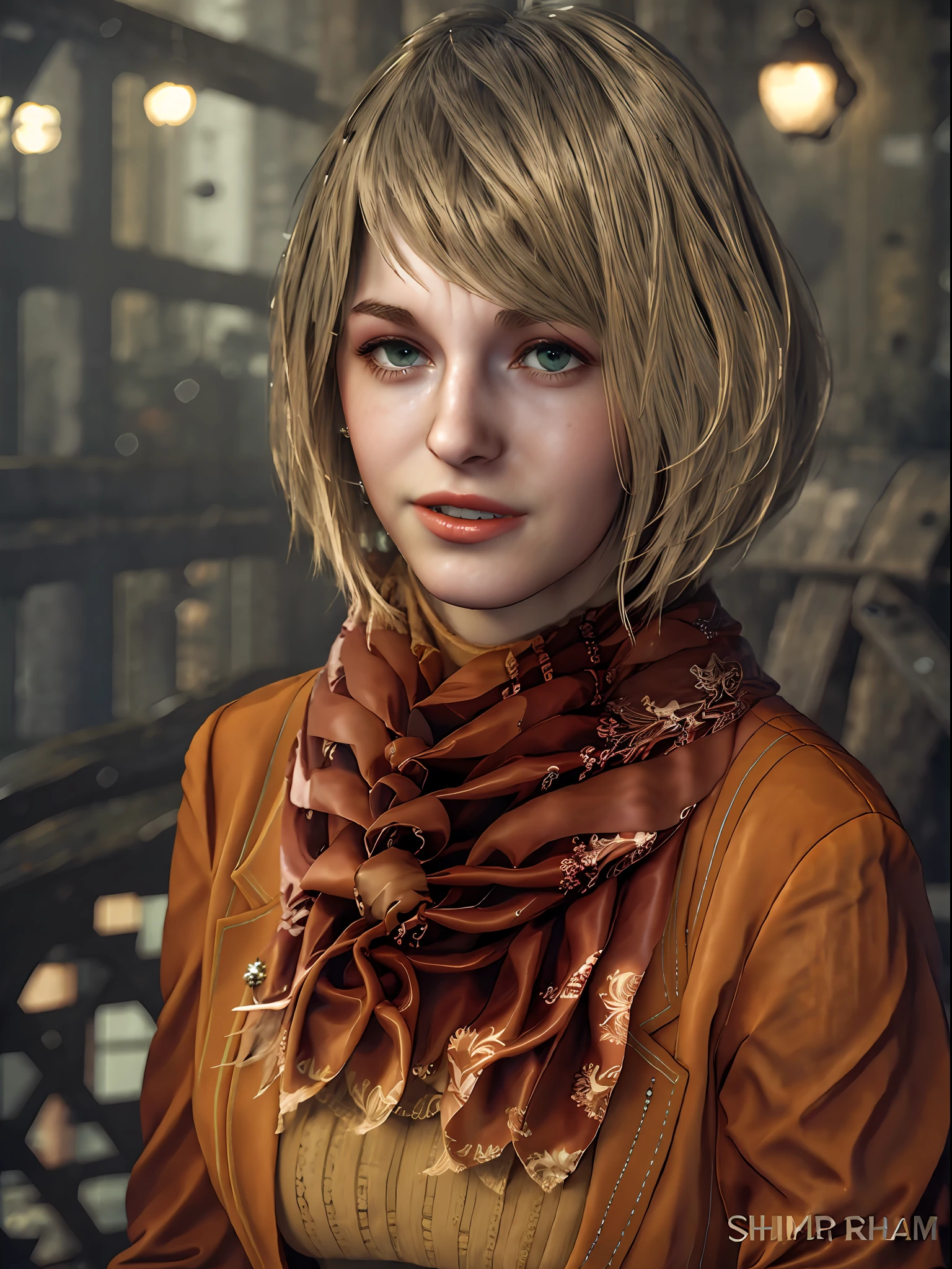 1 girl, solo, portrait, upper body shot, Ashley Graham from resident Evil 4 Remake, face of Ella Freya, short hair, blonde hair, slim lips, scarf, small necklace, orange sweater inside, cute smilling face, detailed face, breast, best quality, high resolution:1.2, 18th century village in the background, shadows, nightime, moonlight, depth of field, center focus