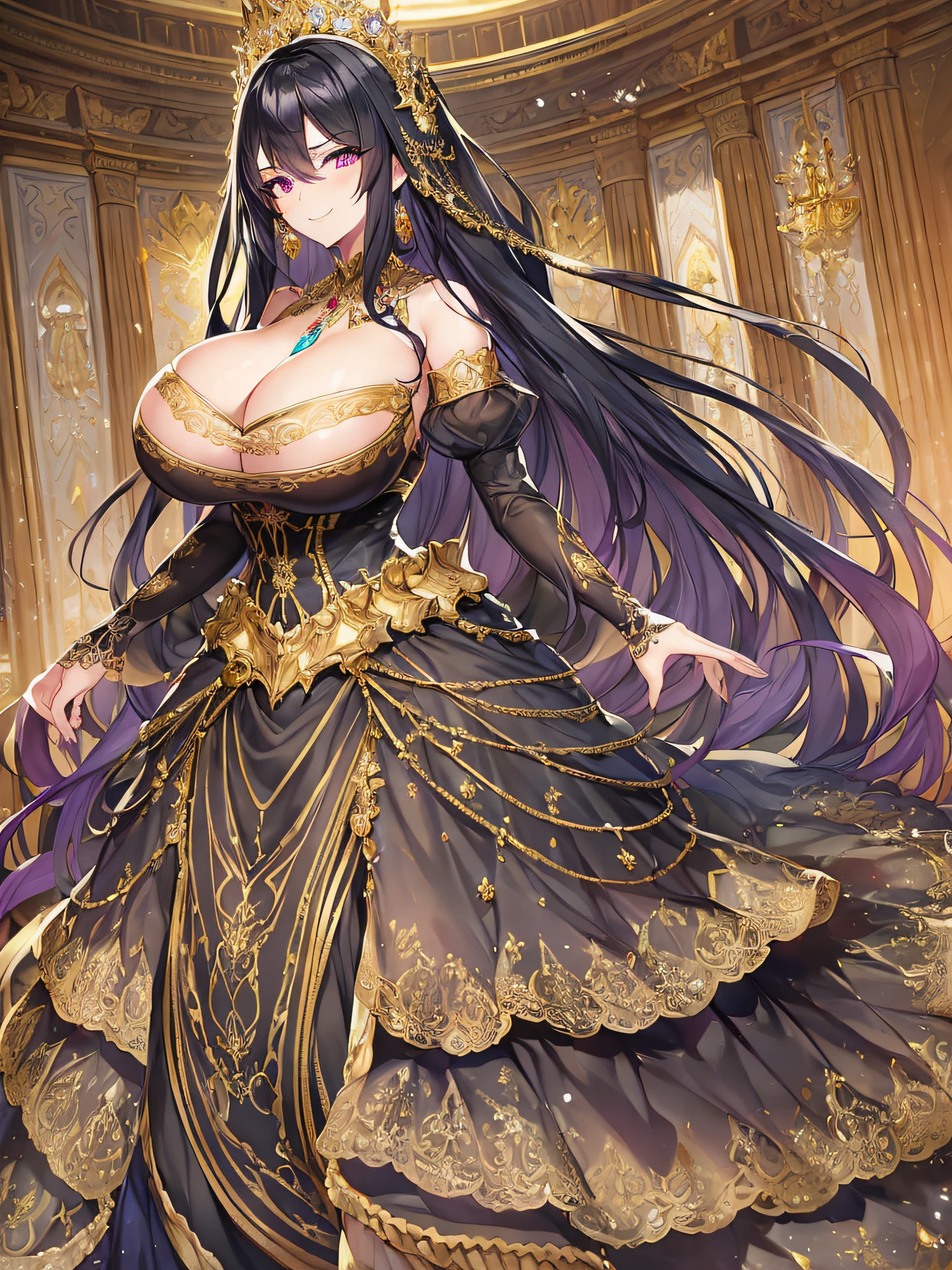((anime moe artstyle)),((Masterpiece)), (Best Quality), (Super Detail), Illustration, (((Very Delicate and Beautiful))),Dynamic Angle,Looking at viewer,((((Solo)))),(((Full body))),(((1 arrogant empress wearing gorgeous black See-through ballgown with gigantic breasts))),(standing),dominant pose,(arrogant),(((haughty smile))),Purple eyes,(Sharp eyes),Detailed Face, Long Eyelashes,Jet Black Hair,Straight Hair,((volumey Very Long Hair)),((Bangs between eyes)),((((gigantic breasts,Huge breasts,Bulging breasts,Long breasts)))),cleavage,((skindentation)),curvy,off shoulder,See-through,(((luxurious ruffled black and gold rococo ballgown adorned with abundant jewels and gorgeous embroidery))),(fluffy rococo ball gown with gorgeous embroidery),((gold trim)),(((hoop skirt))),long skirt,corset,crinoline,opera gloves,Beautifully Gorgeous jeweled big tiara,Beautifully Gorgeous gem earrings,Beautifully Gorgeous jeweled necklace,Beautifully Gorgeous jeweled ornaments,indoor,light particles,royal palace,