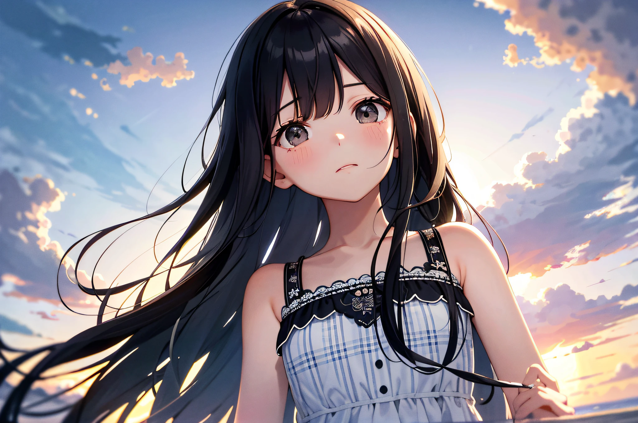 high resolution, super detail, summer, checked dress, fine detail, long hair, black hair, sad face, from below, sideways, looking up at the sky, sunset coast, sky with fine details