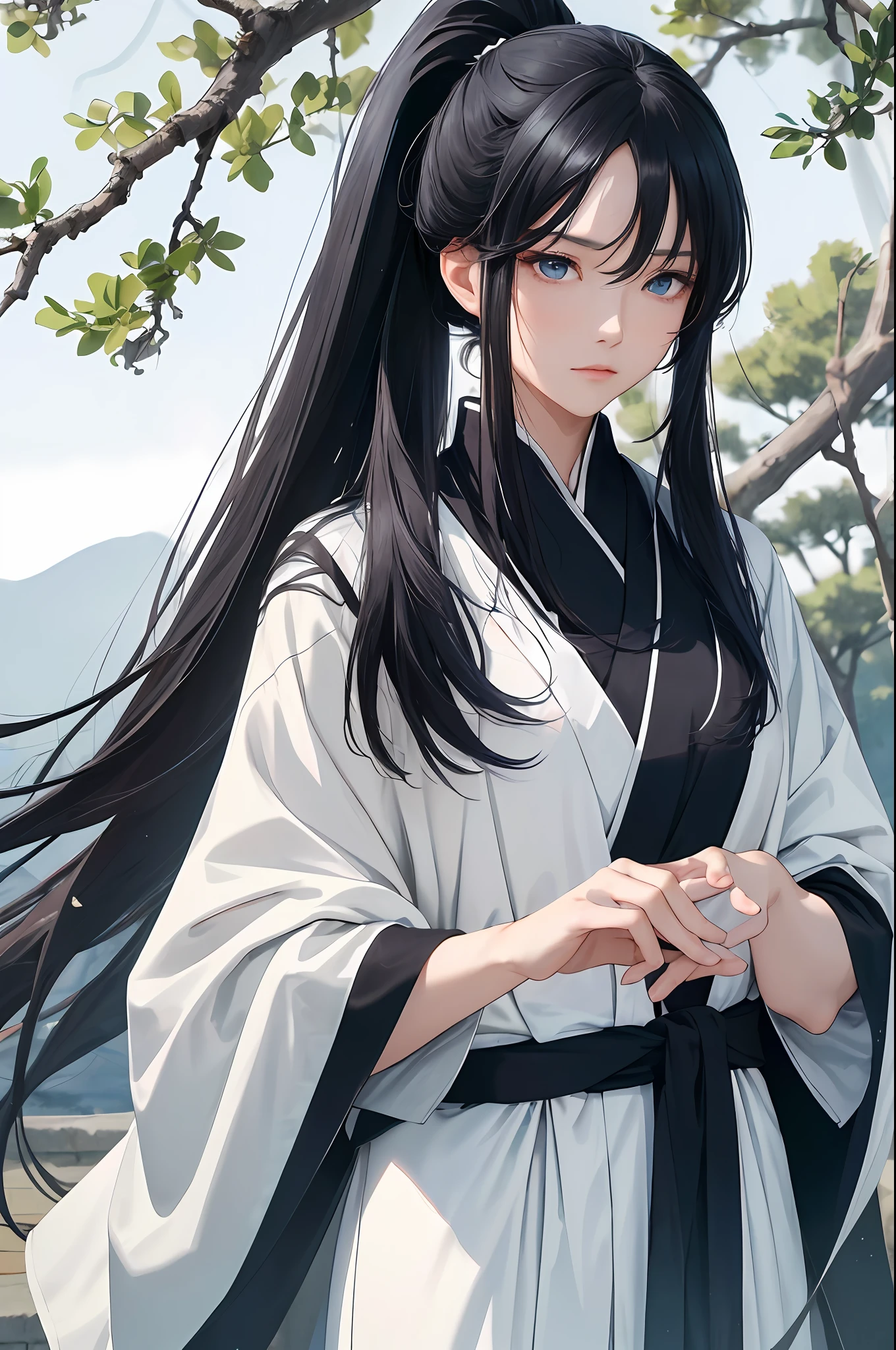 Masterpiece, Excellent, A Woman, Chinese Style, Ancient Chinese, Black Hair, Gray and Blue Eyes, Split Hair, Long Hair, Long Bangs, High Ponytail, Beautiful, Weak, Gentle, Quiet, Cyan Robe, Outdoor, Cloak, Branches, Wind Comfort, Young Woman, Easy Expression, Posture Showing Boxing, Pure White Underneath