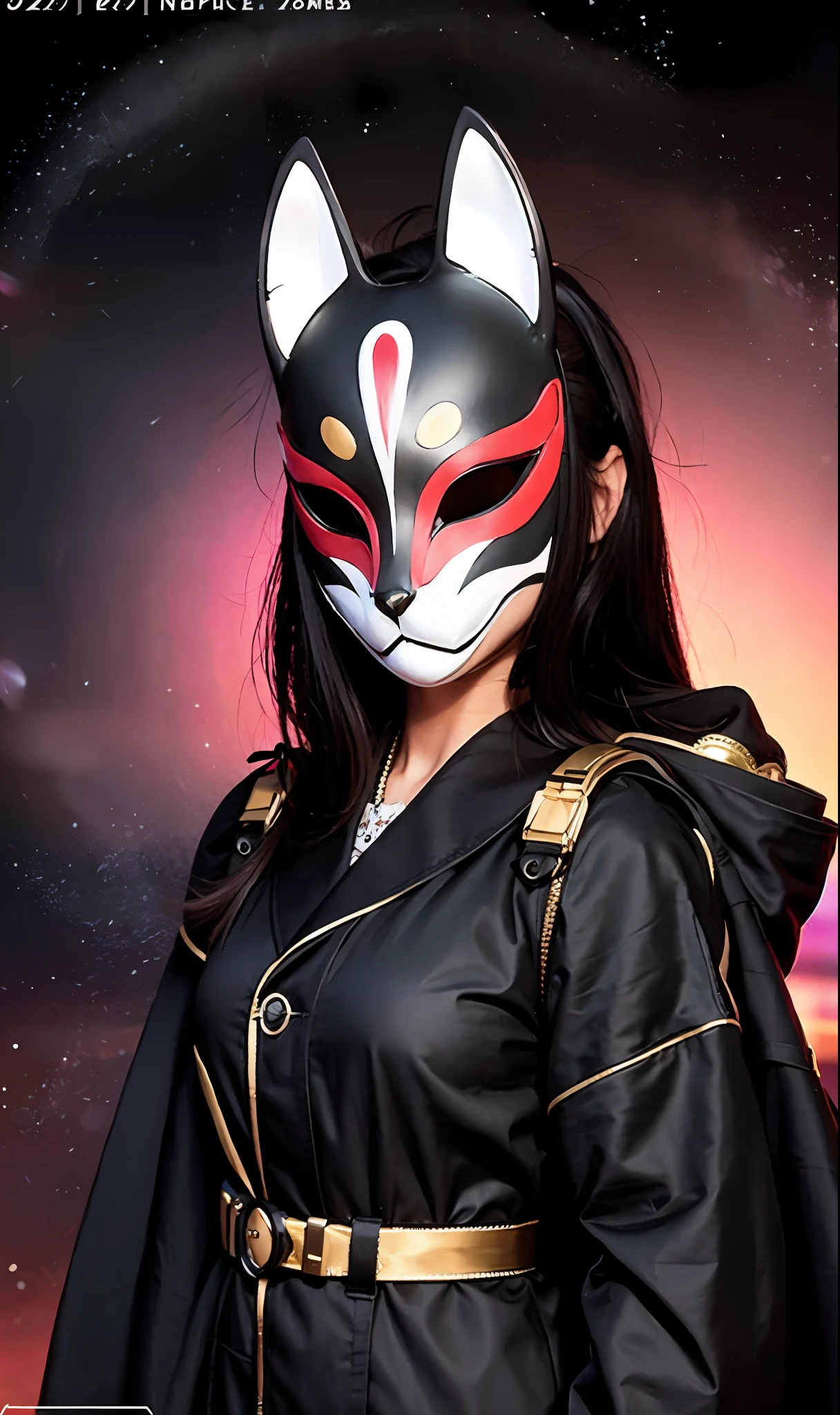 Fox Mask Person with fox mask on face, woman, black, black long coat, night