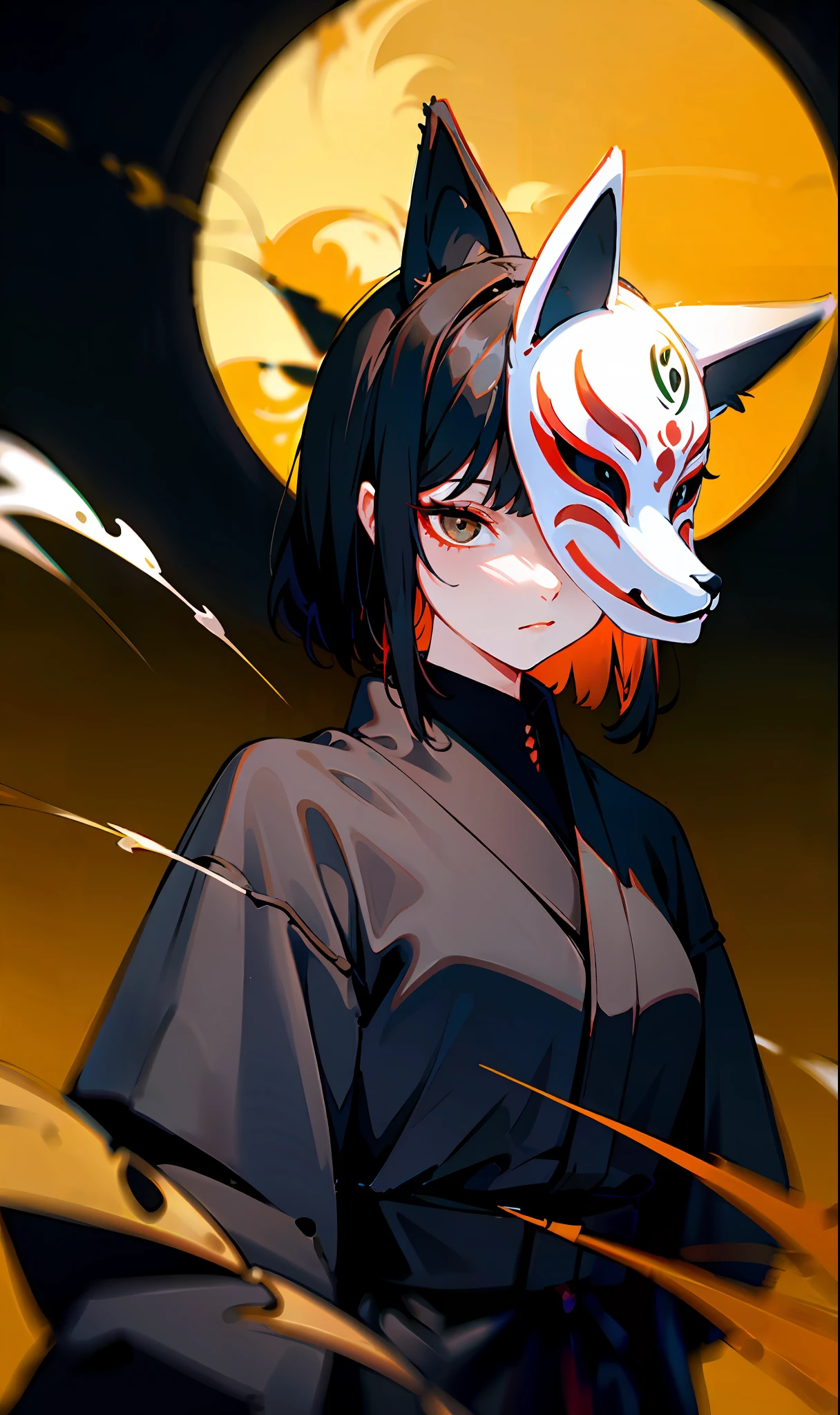 Fox mask person wearing fox mask on face, woman, blackened, black long coat, night, jet black