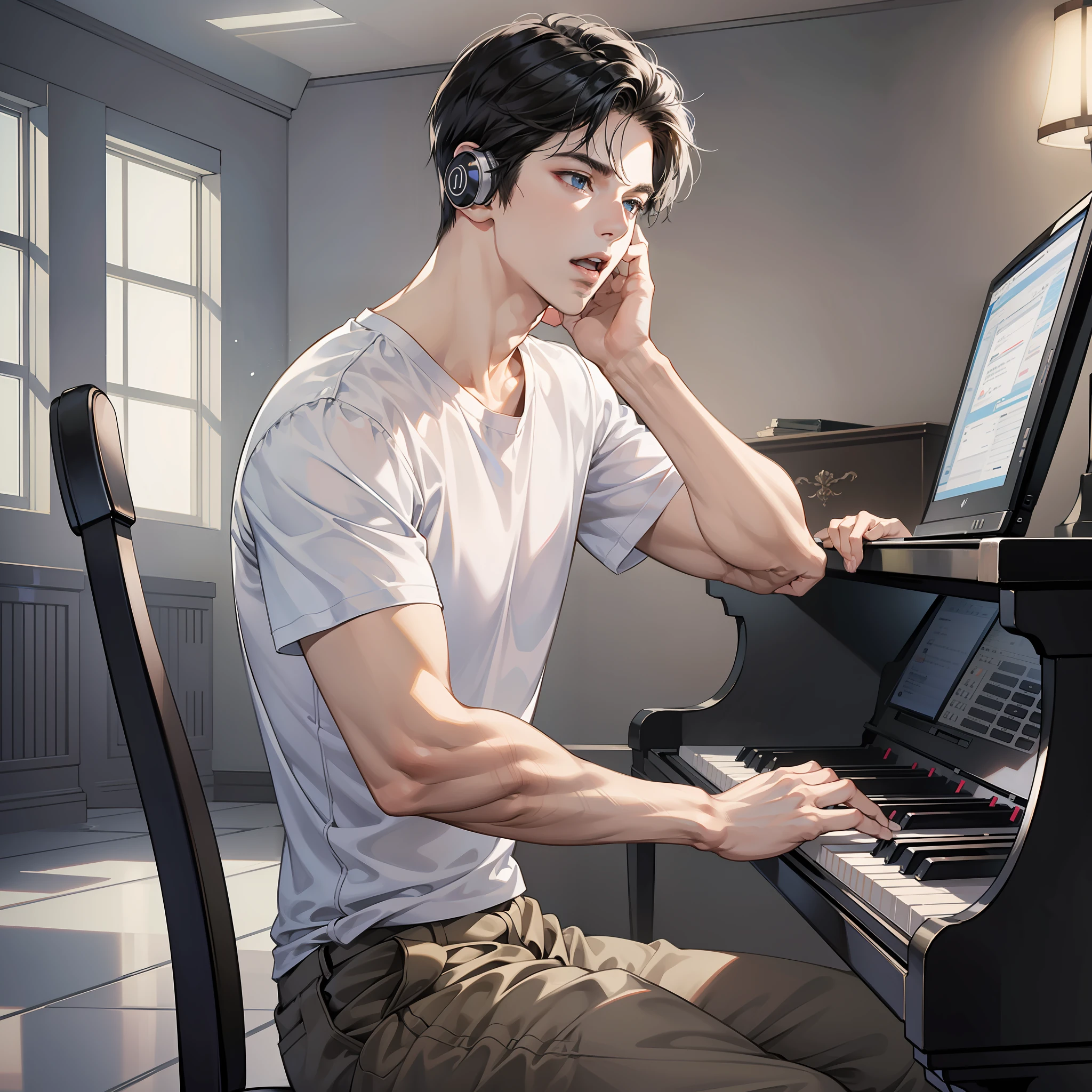 Masterpiece, high quality, best quality, HD, realistic, perfect lighting, detailed body, 1 man, short black hair, white t-shirt, serious expression, wearing headphones, open mouth, singing, sitting in front of the piano, playing the piano, facing the computer monitor, in the room