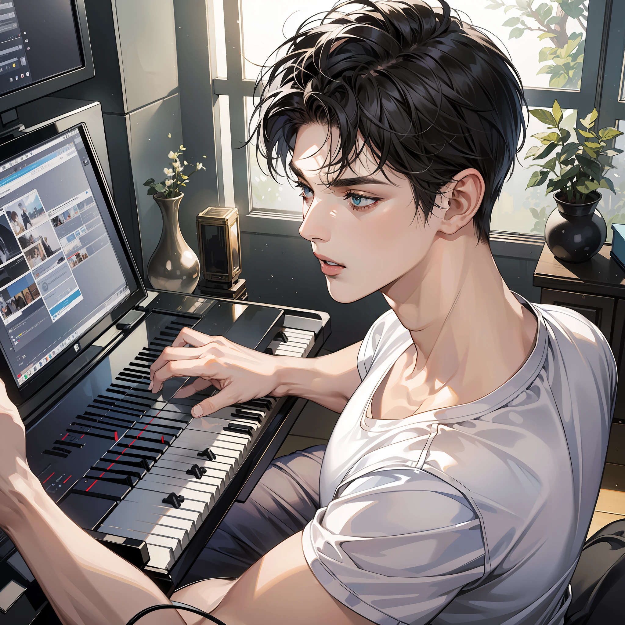 Masterpiece, high quality, best quality, HD, realistic, perfect lighting, detailed body, 1 man, short black hair, white t-shirt, serious expression, wearing headphones, open mouth, singing, sitting in front of the piano, playing the piano, facing the computer monitor, in the room