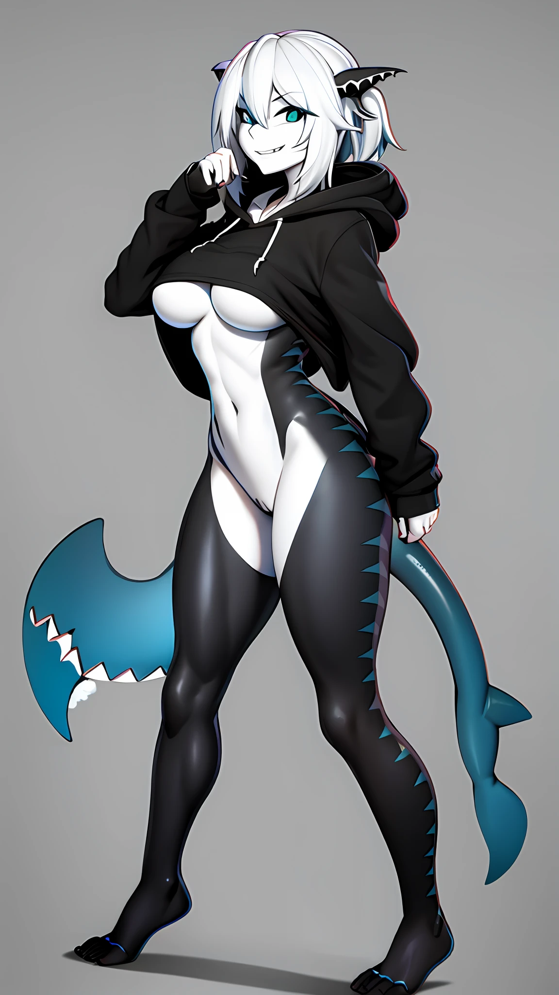 front view, shark, female, small breasts, shark tail,
clothed, hoodie, hoodie only, black clothing, bottomless,,
open smile, smiling at viewer,
detailed, shaded, blurred background,
by alenkavoxis,