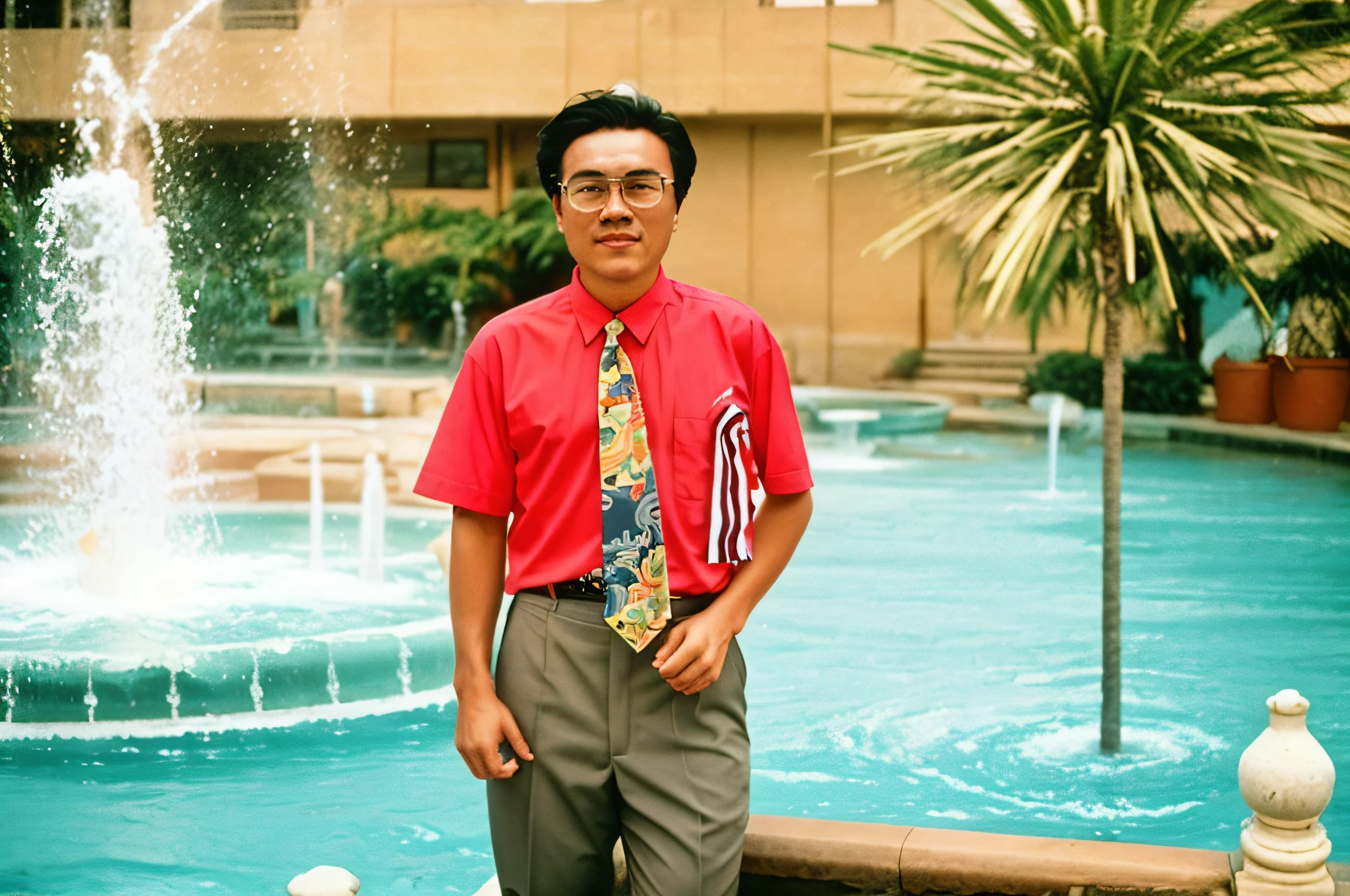 There is a man standing in front of the fountain wearing a tie, 1980s photo, 1 9 8 0 s photo, photo 1 9 9 0 s, 1990 photo, taken in the late 1980s, taken in the early 1990s, photo taken in 1989, 80s Chinese photo