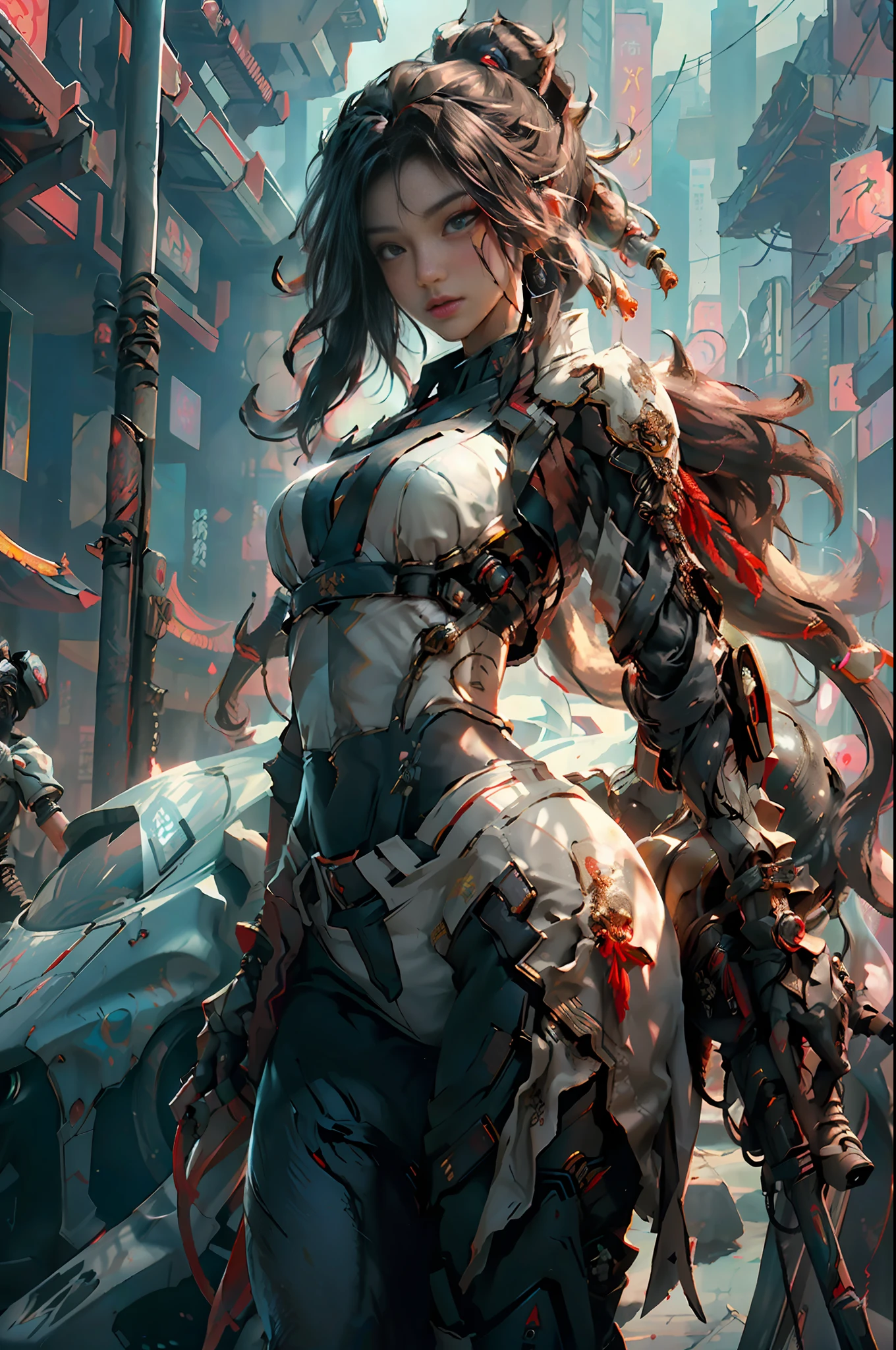 ((Best Quality)), ((Masterpiece)), (Details: 1.4), 3D, (Cyberpunk Style Female Mecha Image: 1.7), ((35-year-old Sexy Mature Female Image)), (Sexy Big Sister Female Image), (Xiu Xian Background: 1.5), (Multiple Poses), HDR (High Dynamic Range), Ray Tracing, NVIDIA RTX, Super-Resolution, Unreal 5, Subsurface Scattering, PBR Texture, Post-processing, anisotropic filtering, depth of field, maximum clarity and sharpness, multi-layered textures, albedo and highlight maps, surface coloring, accurate simulation of light-material interactions, perfect proportions, perfect body, Octane Render, absurd, rule of thirds, 8K RAW, big breasts, long black hair, delicate facial features, red mix and match yoga pants mecha style, Chinese style Xiuxian background