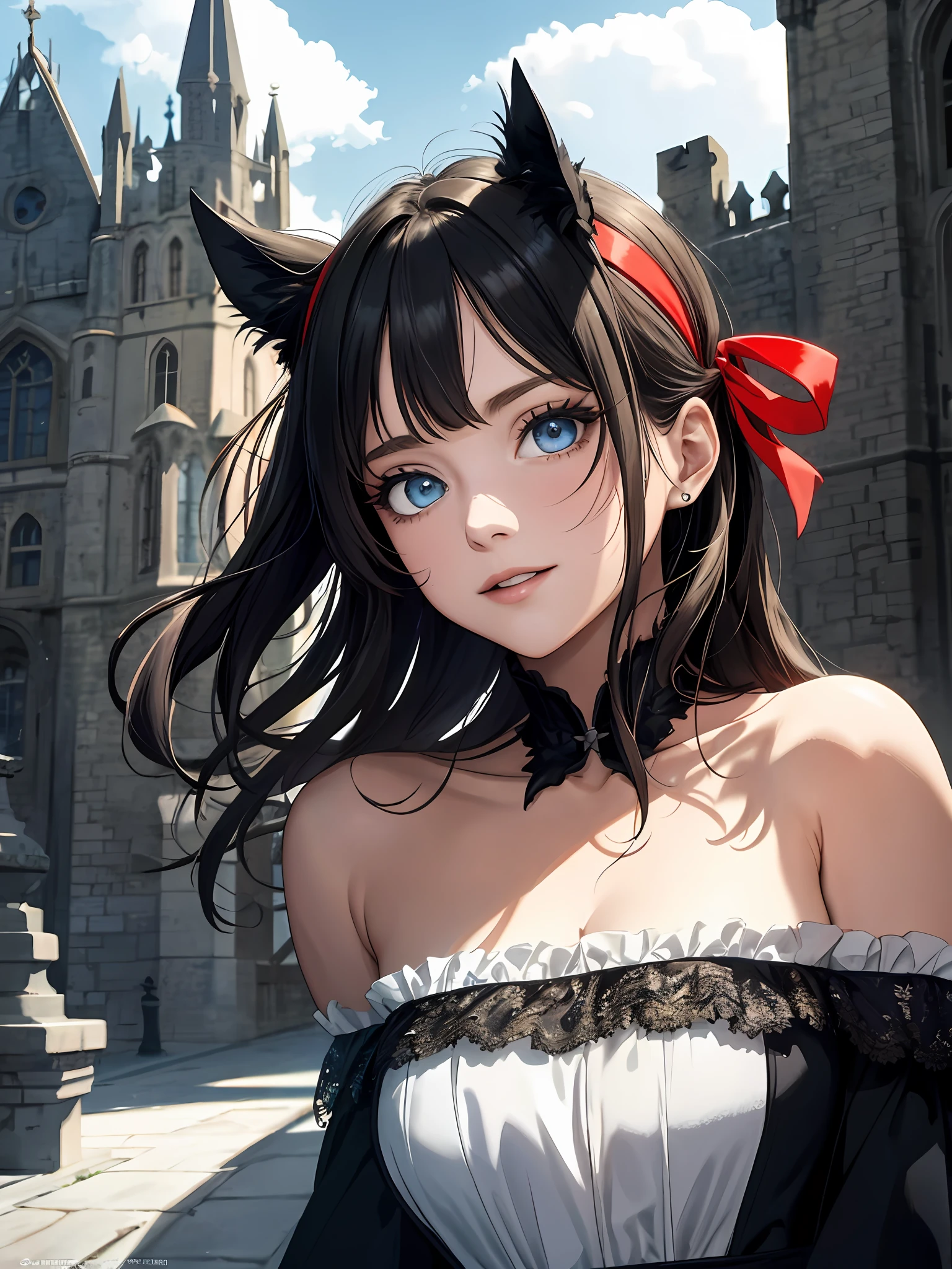masterpiece, top quality, depth of field, break, (painting: 1.6), illustration, cartoon, break, solo girl, fancy dress, bare shoulders, ribbon red headband, break, adult woman, big eyes, beautiful detailed eyes, sharp eyes, emmenardo blue eyes, long lashes, smile, break, watch from the side, upper body, break, fantasy, dark knight, break, clouds, high saturation, break, medieval castle, break,