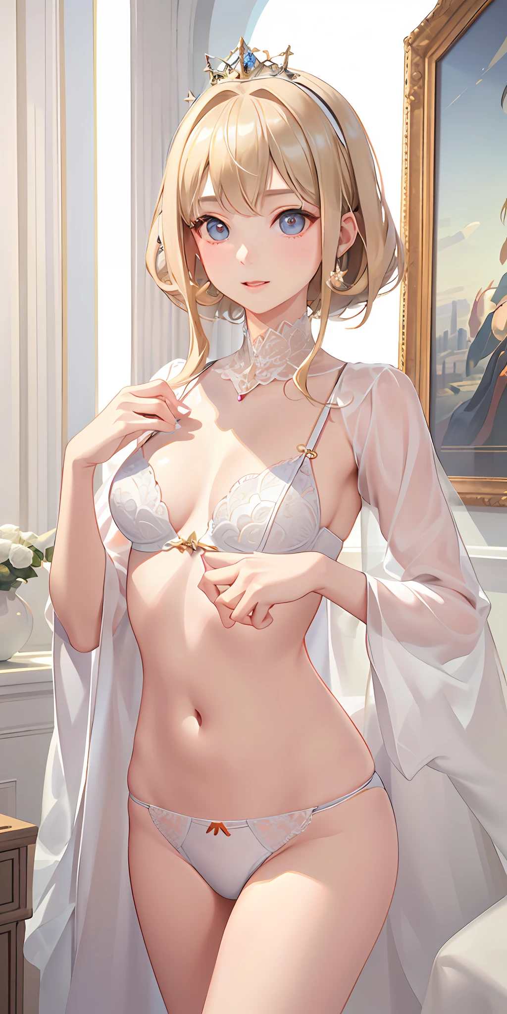 (Real: 1.4), (Masterpiece, Sidelights, Fine Beautiful Eyes: 1.2), Masterpiece*Portrait、、、、, Realistic, 3D Face, Glistening Eyes, Glossy Hair, Skin Falling Out, Solo、、、、, Embarrassing, (Epigastric), White Underwear, Blonde Hair, (Princess)