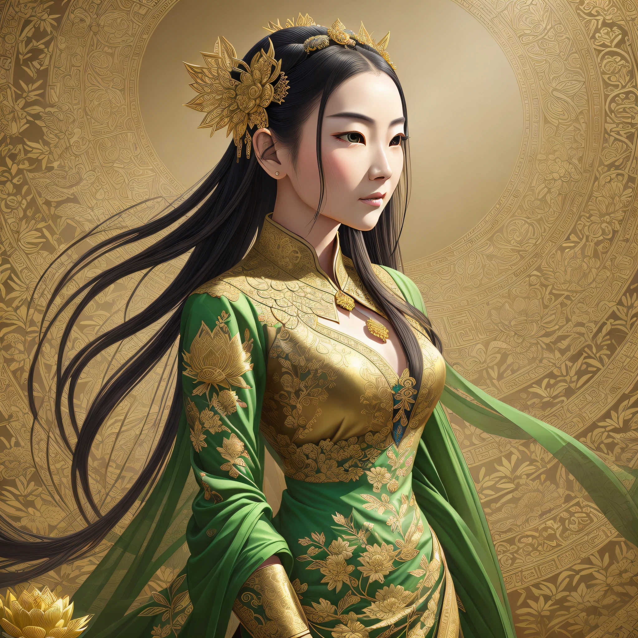 landscape, lotus field, golden lotus princess, ancient Chinese goddess, Chinese clothing with gold and green dragon details, extremely high detail, dress full of jewels, light and hyper realistic shadows