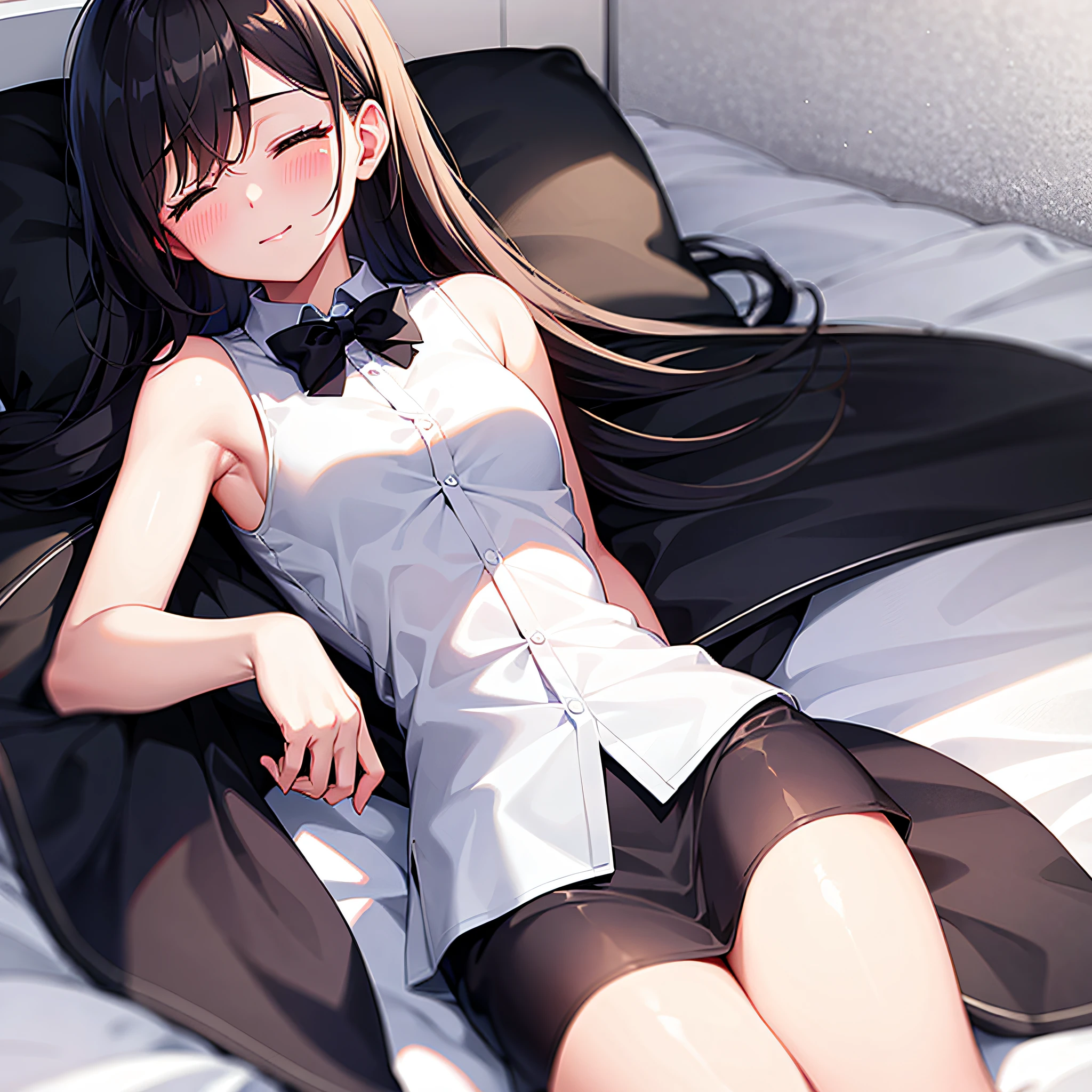 Best Quality, Ultra High Resolution, 1girl, Sleeveless White Button Shirt, Black Skirt, Black Collar, Pretty, Lying in Bed, (With Eyes Closed), (Blushing)