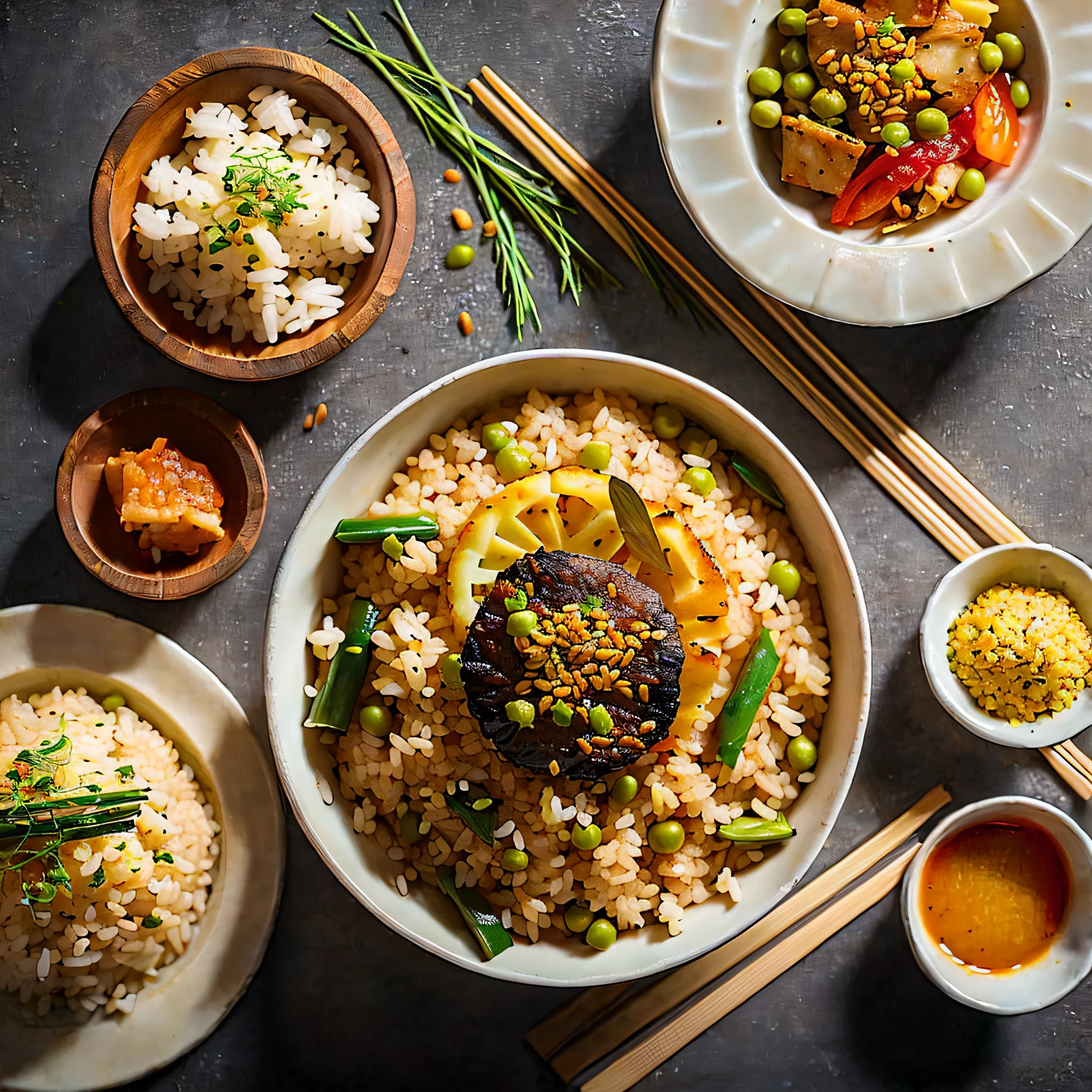 (Best quality),(masterpiece),(ultra detailed),(4k resolution),(extremely detailed),Food photography,Fried Rice,indonnesian food,wet rice, top view, in a luxurious Michelin kitchen style, studio lighting, depth of field, ultra detailed,detailed food,detailed rice