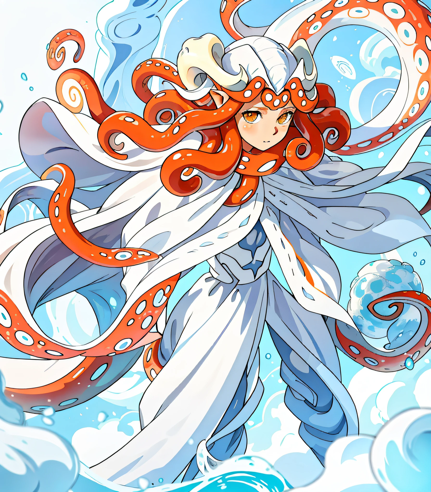 cephalopod,(cephalopod), white tentacles, white archangel wings, wrapped in ribbons, orange mane, long white horns, Morning Star, Masterpiece, Best Quality