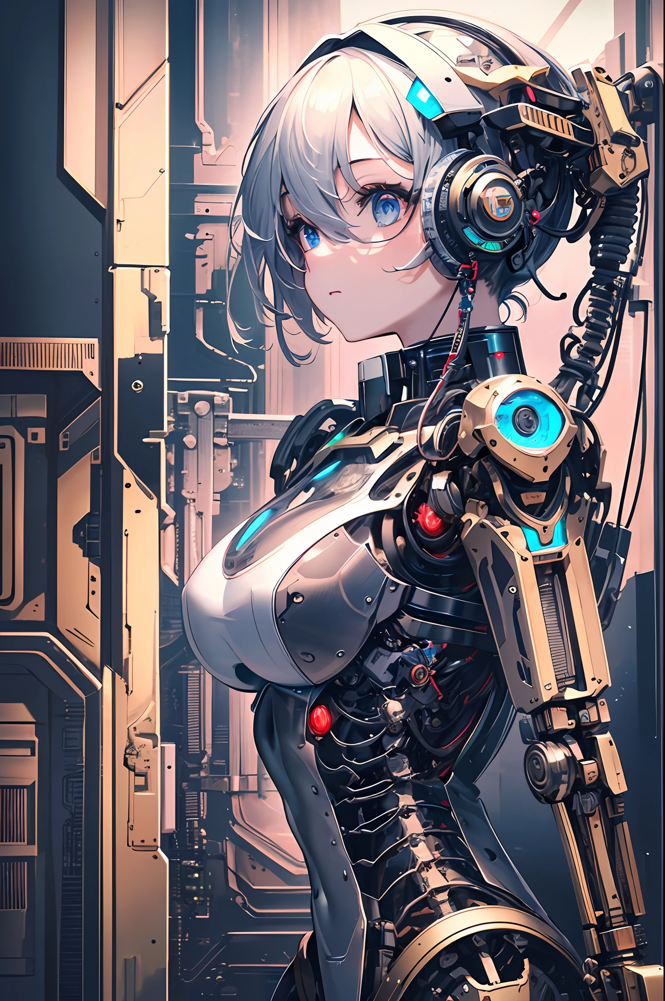 Top quality, masterpiece, intricate details, super detailed, highly detailed 8K wallpaper, machine girl, (mechanical eye), in production, semi-made machine body, machine limbs, (removed mechanical limbs), fully mechanized of the lower body, working robot arm, cable connected to the head, cable connected to the body, electronic circuit, factory,