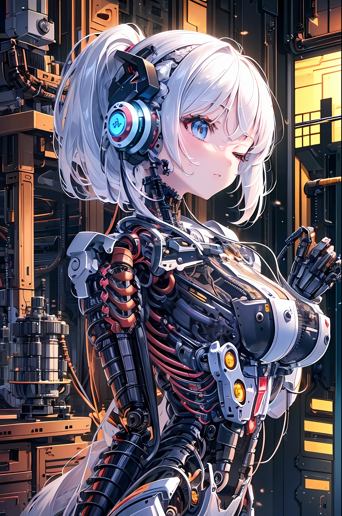 Top quality, masterpiece, intricate details, super detailed, highly detailed 8K wallpaper, machine girl, (on_back), in production, semi-made machine body, machine limbs, (removed mechanical limbs), fully mechanized of the lower body, (with eyes closed), working robot arm, cable connected to the head, cable connected to the body, electronic circuit, factory,