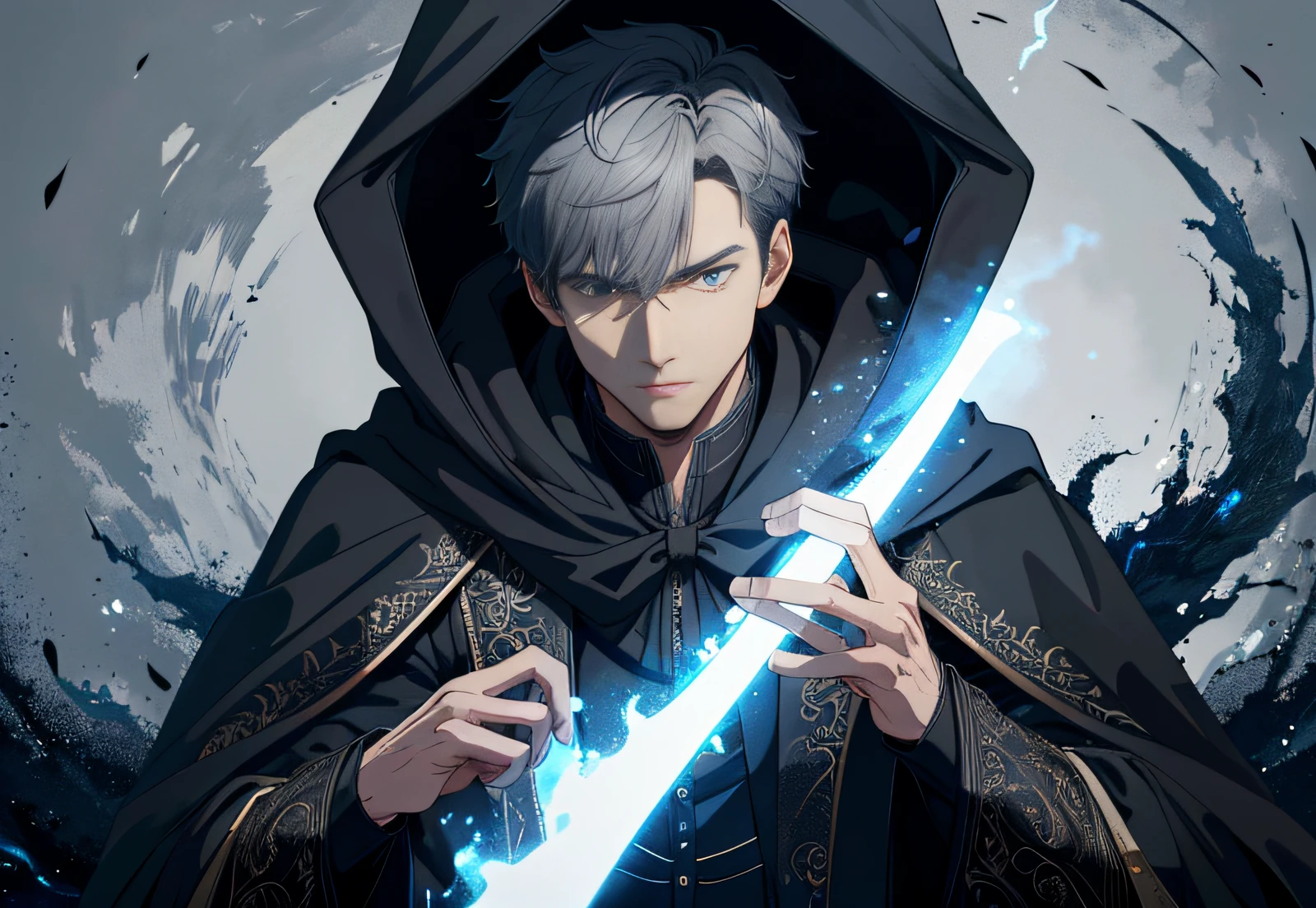 (Very detailed 8k wallpaper), a medium photo of a male magician, intricate, highly detailed, dramatic, with a black figure looming in the gray mist behind him, with a dark cloak hood and a face exposed.