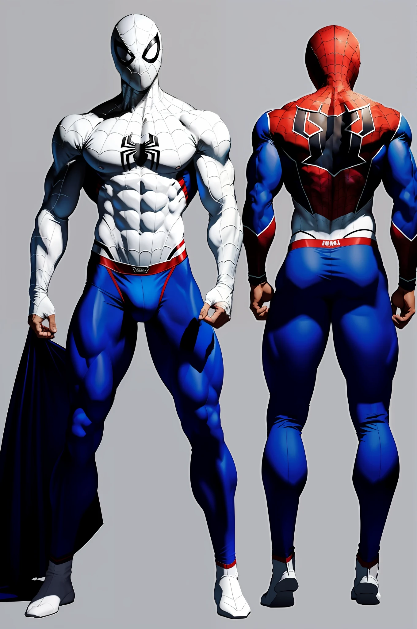 Full body like, head down, white Spider-Man, male, pectoral muscles, abs, standing with one leg raised foot, the crotch part of the pants is painted oversized and erect, the crotch part of the pants is exposed, the buttocks are drawn a little bigger, the outline of the crotch details is increased, the erection under the clothes, the butt visible through the thighs, no face, the ass is bare