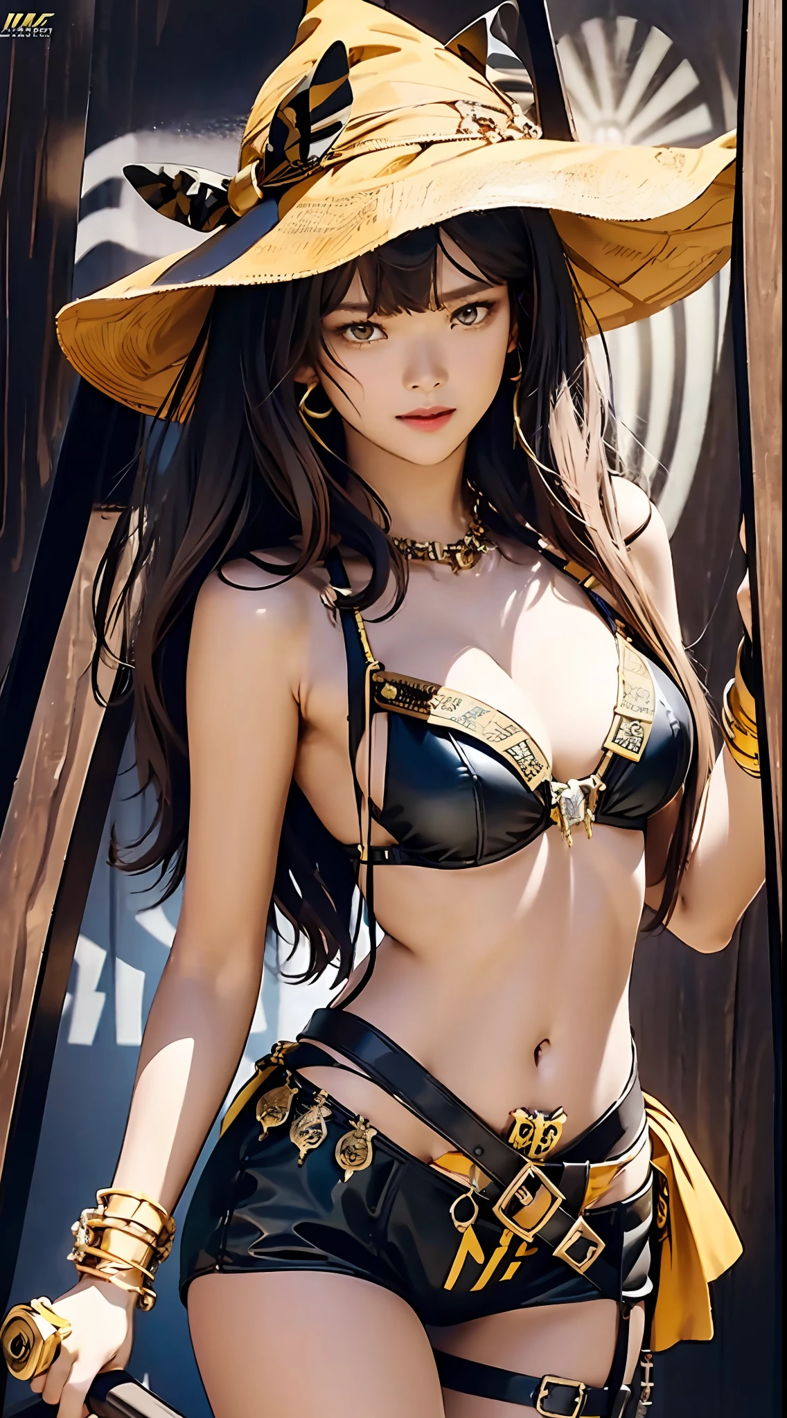 bumblebee, girl, bikini, upper body, witch hat, (detailed face shape: 1.2), (middle chest), (cleavage), (thigh belt), long hair, asymmetrical bangs, tarot frame, portrait centered, ( No weapons), (bouncing breasts)