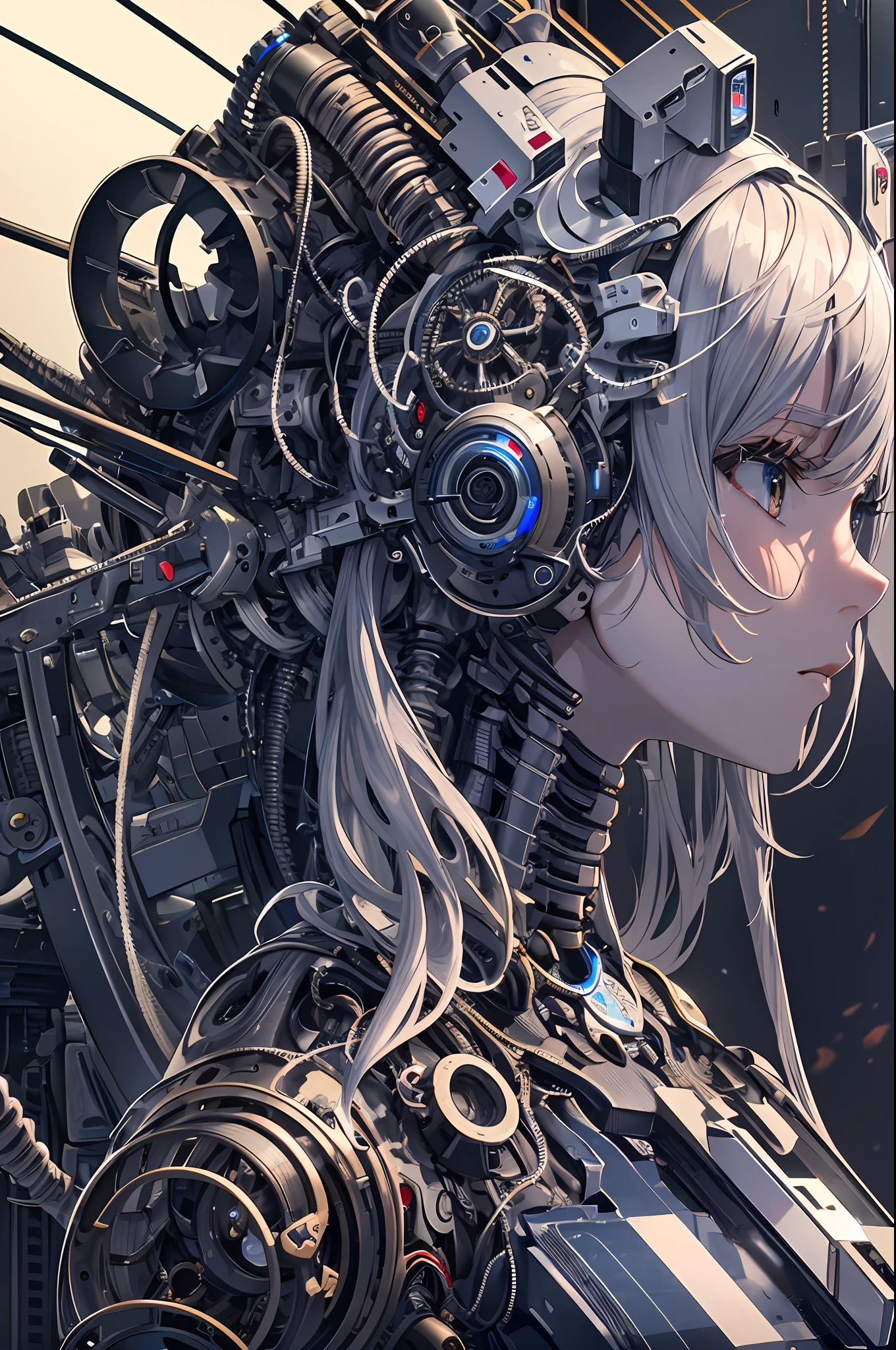 Top quality, masterpiece, intricate details, ultra-detailed, highly detailed 8K wallpaper, machine girl, (machine eye), in production, semi-made machine body, machine limbs, gray hair, mechanical joints, fully mechanized from neck down, cables connected to the head, cables connected to the body, electronic circuits, factories,