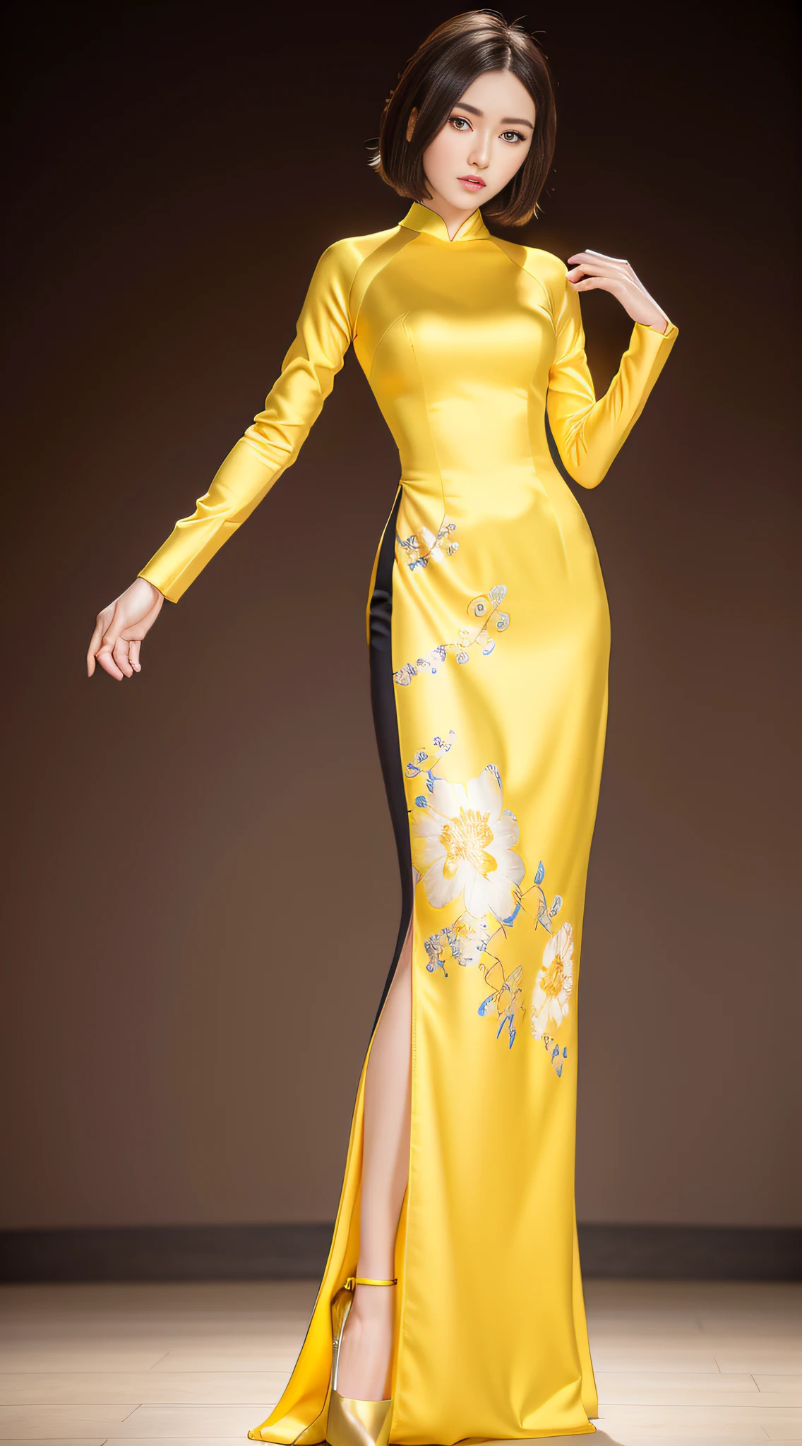 Yellow cheongsam woman photo with floral pattern, best quality, masterpiece, (realism: 1.2), slim figure, golden ratio, wide shoulders, narrow waist, thigh gap, slim face, beautiful woman, short hair, (dark brown hair), high heels, facing the audience, super detailed face, detailed eyes, double eyelids, blurred background, urban, outdoor, street, standing