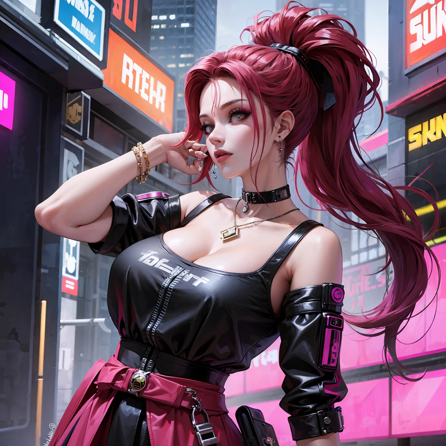 1girl, long hair, ponytail hairstyle, wearing a cyberpunk slutty clothes, earrings, jewelry, large breasts, (curvy), professional makeup, choker, relaxing in the cyberpunk city street, (cyberpunk), colorful, dynamic light, dynamic angle