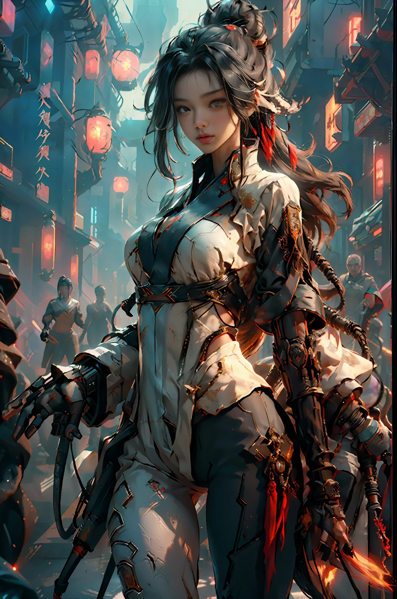 ((Best Quality)), ((Masterpiece)), (Details: 1.7), 3D, (Cyberpunk Style Female Mech Image: 1.5), ((35-year-old Sexy Mature Female Image: 1.7)), (Sexy Big Sister Female Image), (Xiuxian Style: 1.5), (Multiple Pose), HDR (High Dynamic Range), Ray Tracing, NVIDIA RTX, Super-Resolution, Unreal 5, Subsurface Scattering, PBR Texture, post-processing, anisotropic filtering, depth of field, maximum sharpness and sharpness, multi-layered textures, albedo and highlight maps, surface shading, accurate simulation of light-material interactions, perfect proportions, perfect body, Octane Render, ridiculous, rule of thirds, 8K RAW, big breasts, long black hair, delicate facial features, red mix and match yoga pants mecha style, Chinese style Xiuxian background