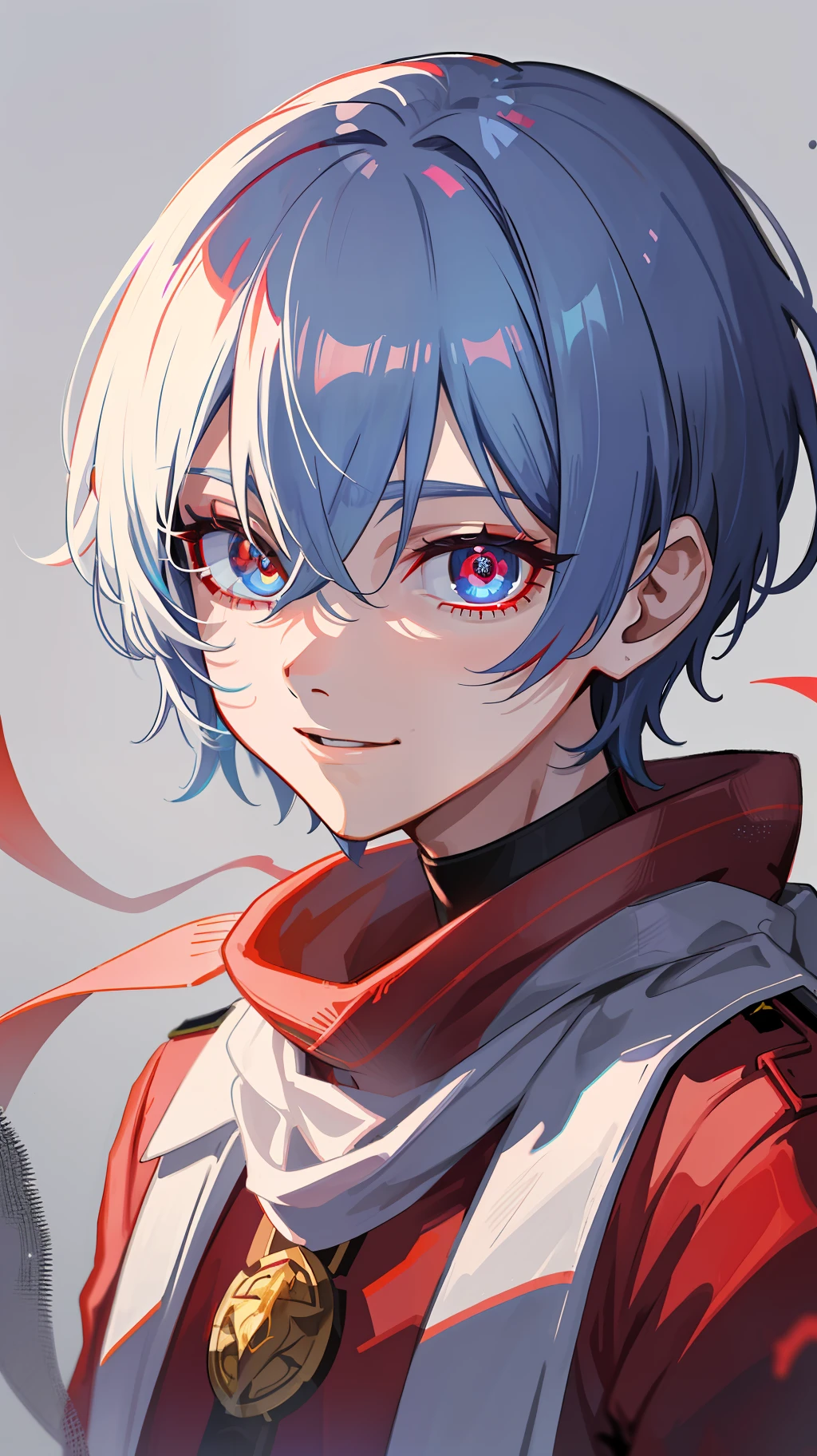 colorful, masterpiece, high quality, sharped, auto focus, looking at viewer, 1boy, cool, handsome, hollow eyes, ruby shaped pupils, glowing eyes, evil smile, silver blue hair, shortcut, pixie cut, hair over eyes, hair between eyes, red clothes, oldier commander uniform, scarf, upper body, simple white background, cinematic, particle light, best shadow, ray tracking, extremely detailed