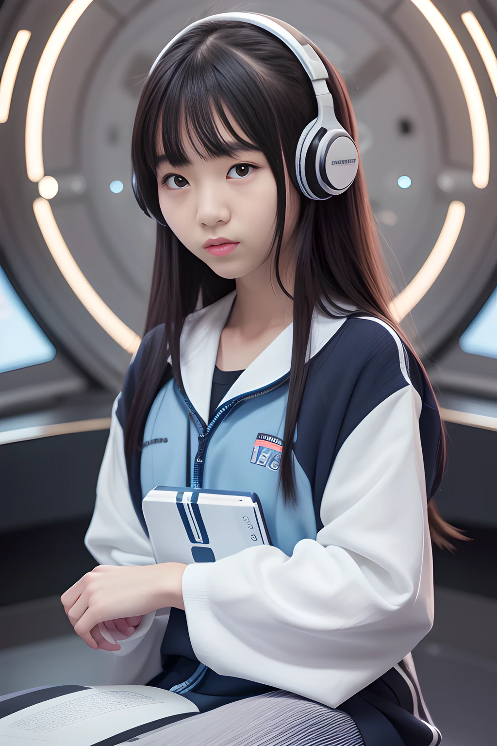 Cute 16 year old Japan woman wearing futuristic school uniform, futuristic headphones, stacked e-books, mechanical dim futuristic library, round room, night, full body, sitting (Best Quality, 8k, 32k, Masterpiece, UHD: 1.2), cute 16 year old  woman, collarbone, thin eyebrows, beautiful face, detailed skin, blurred background, pores, 8k uhd,RAW photo,a japanese girl,, masterwork,RAW photo,real person,RAW photograph,ultra high res,photorealistic,best quality,(high detailed skin,skin details),visible pores,shiny skin,masterpiece,incredibly_ absurdres,finely detail,colorized, an extremely delicate and beautiful,extremely detailed 8K wallpaper,8k high quality,