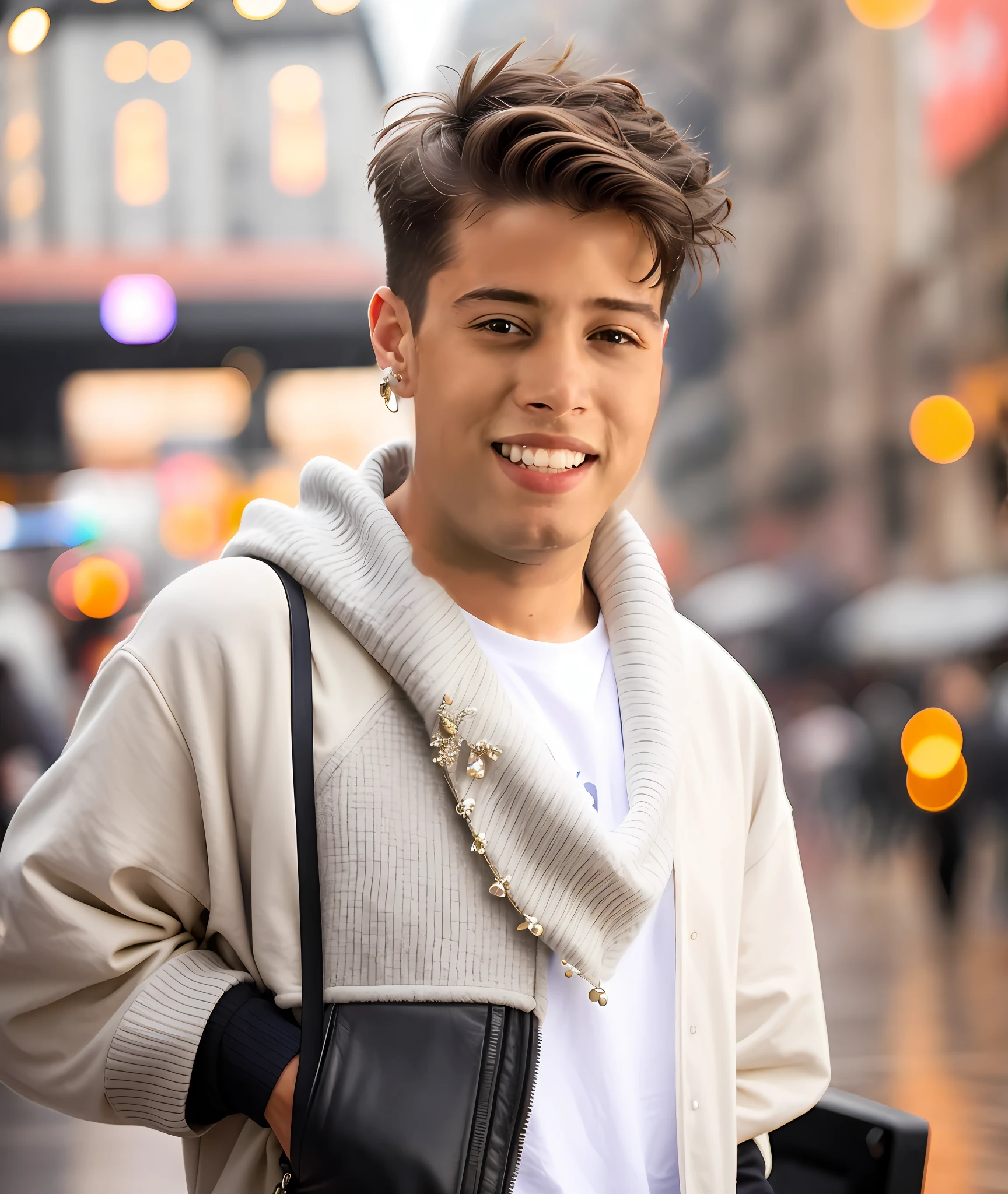 best quality, ultra photorealistic, photorealism, 8k, photography, photo of a young man, jacket, earrings, gray scarf, sweater, short light brown hair swept by the wind, shaped, beautiful, (shaved), eyeliner, standing on the catwalk, the background is a busy street, bokeh, rain, damp, cloudy, artificial lights, detailed face and eyes, highly detailed skin, 8k uhd, sharp focus, professional, better quality
