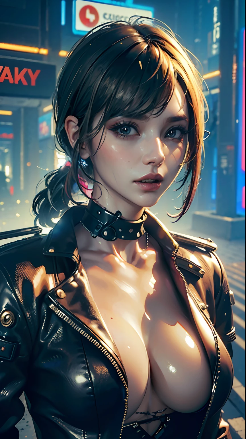 ((Best quality)), ((masterpiece)), (highly detailed:1.3), 3D, beautiful (cyberpunk:1.3), stylish woman looking at camera black leather clothes