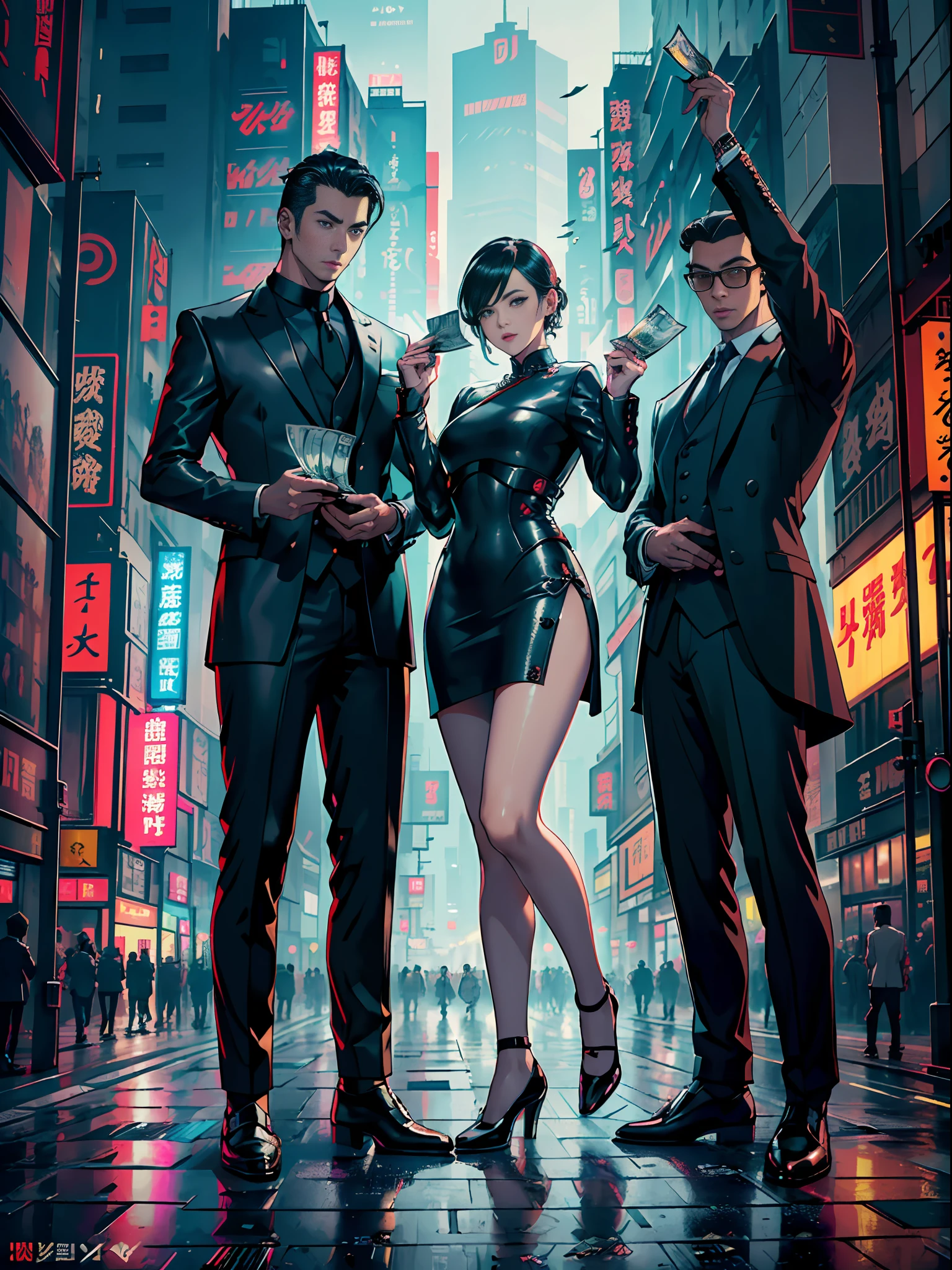 A group of men and women, men in suits and leather shoes, women in cheongsam, standing on the city street, ((hands raised), ((holding banknotes)), emotional, excited, crowded, detailed portrayal, infinite details, Tyndall effect, ultra-clear, cyberpunk style, character tracing, ray tracing, high value, beauty, handsome guys, (cyberpunk style),