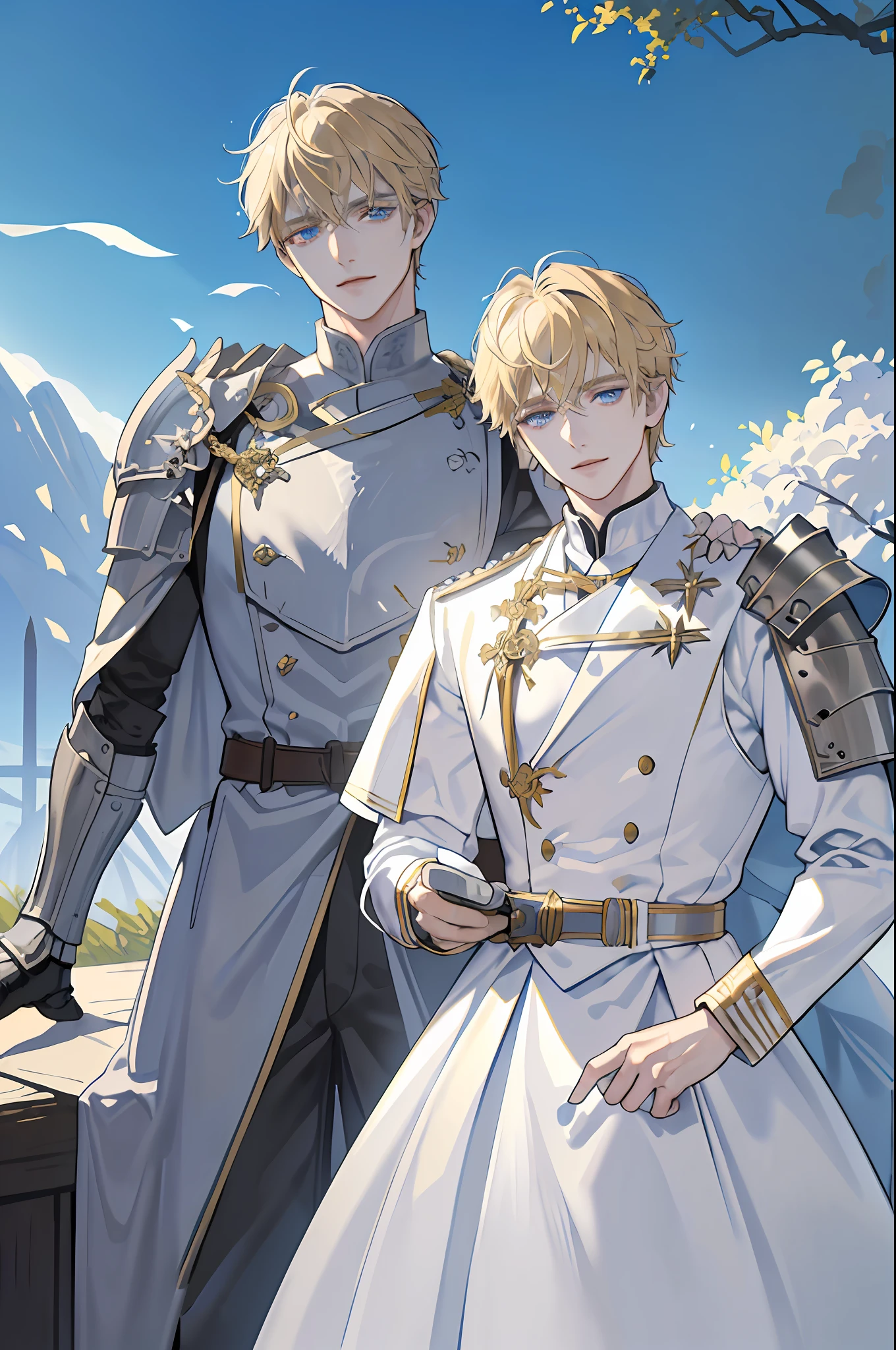 ((Masterpiece: 1.2, best quality)), (((2 men)), (short blond hair, blue eyes (Handsome: 1.4), white suit, uniform, royalty), (tough knight, short black hair, golden eyes, scars on right eye, black armor), fantasy, forest, blooming flowers, sunlight, fantastic light and shadow, landscape, highly detailed face, portrait, smile