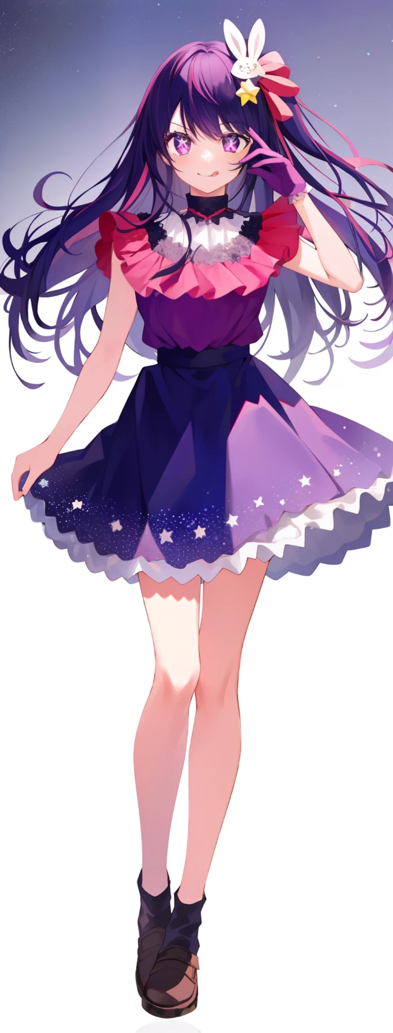 1girl, full body,
, illustration, (masterpiece), (best quality), (ultra_detailed), finely detail,
HshinoAi,gloves, tongue out, tongue, long hair, star \(symbol\), looking at viewer, (purple hair:1.2), purple eyes, hair ornament, frills, pink shirt, smile, sleeveless, shirt, idol, symbol-shaped pupils, hands up, bangs, one side up, star-shaped white background,
Full body, head to toe standing, entire body, view from afar, head to toe, head to toe, full body, full body, full body photo, perfect hand, perfect hand