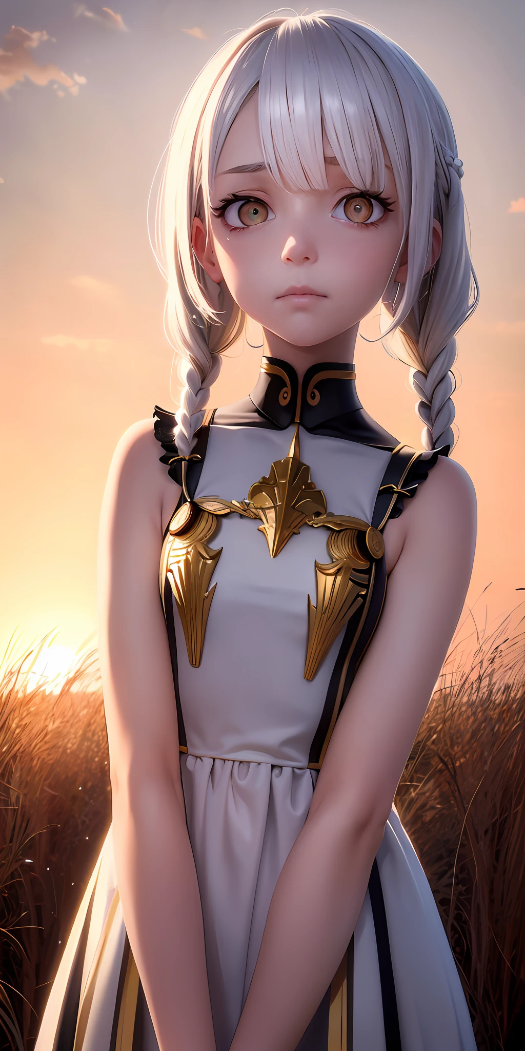 Excellent, masterpiece, white hair, golden eyes, American high school girl, looking up, upper body, hair, fair skin, side braids, full of sad feelings, withdrawn, inferior, aggrieved expression, backlit shooting, prairie, sunset