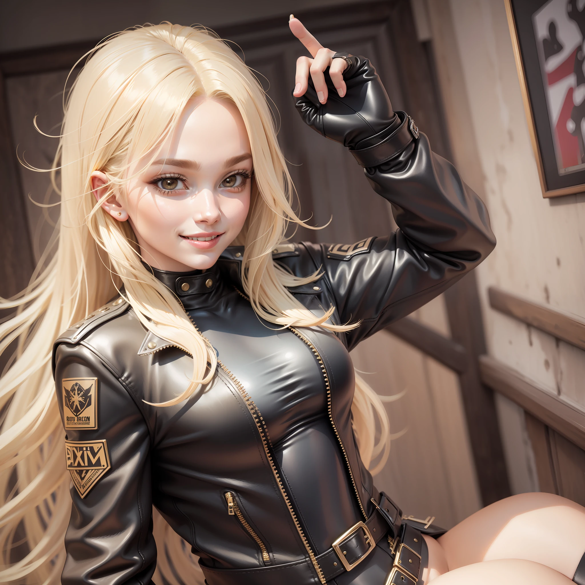 Bodysuit Leather Jacket Girl Blonde Smile Long Hair Best Quality Masterpiece