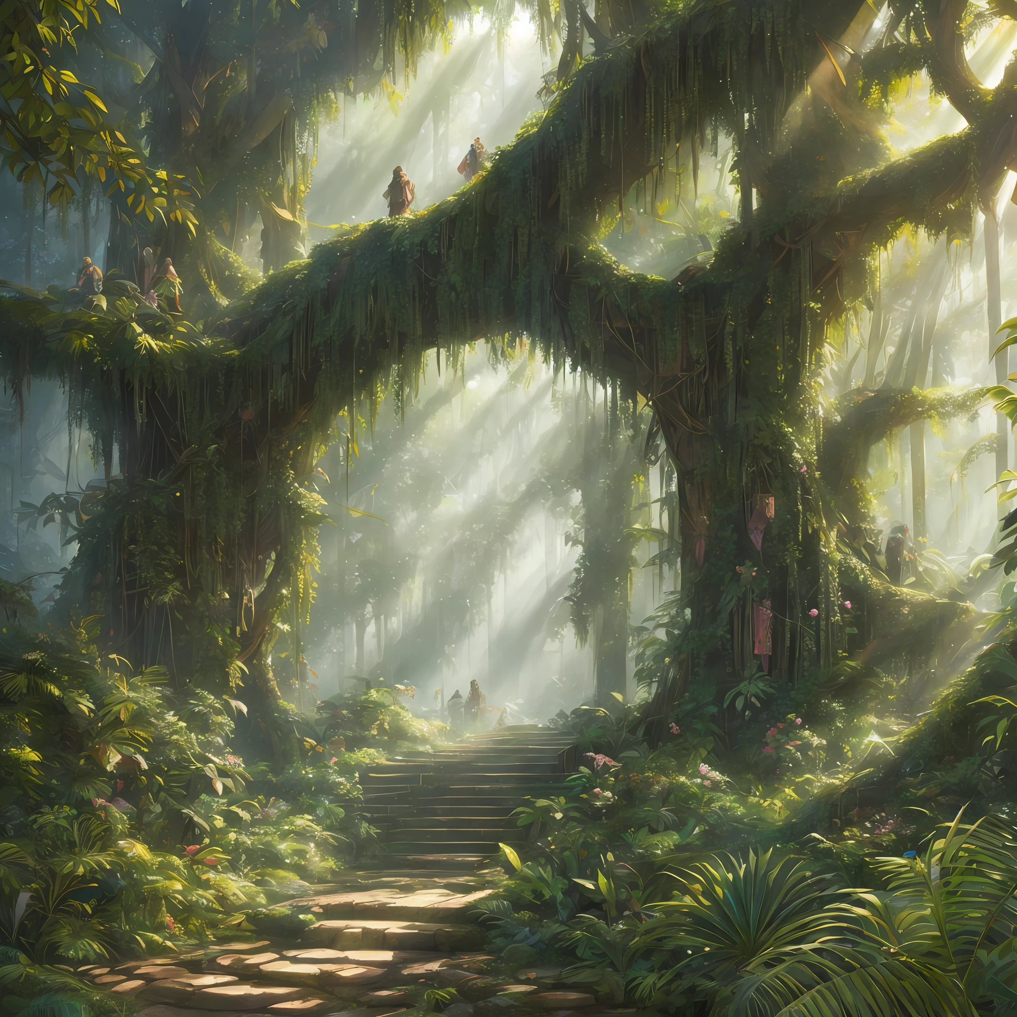 Digital illustration, detailed and intricate, of a dense jungle filled with exotic plants and animals, the sunlight filtering through the canopy creating a dappled effect. In the style of Yoshitaka Amano and Hayao Miyazaki, masterpiece, proportional, detailed, trending on artstation, beautiful lighting, realistic, intricate, award winning, 4k, highest quality Award-winning, 4K digital painting in the style of Yoshitaka Amano. Detailed and intricate depiction of a zombie apocalypse, masterfully capturing the chaos and drama of the scene. Beautiful lighting and cinematic composition make this piece a true masterpiece, trending on artstation --auto --s2